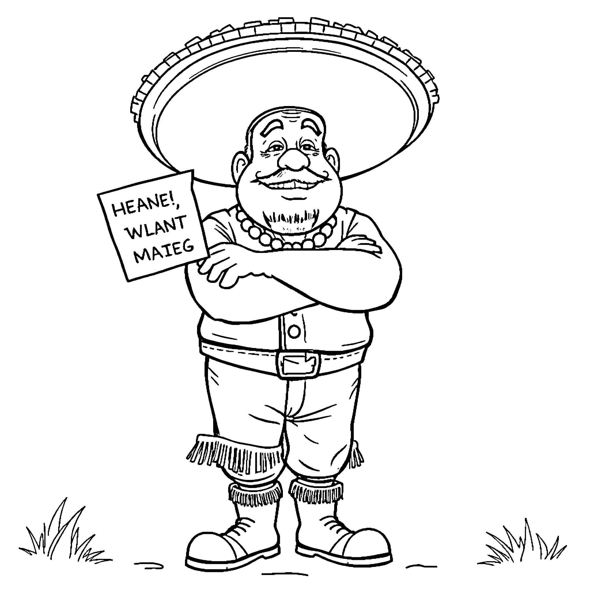 Person holding sign and wearing traditional Mexican clothing Coloring Page (free black-and-white line drawing printable PDF for all, from beginners to advanced learners, including children, teens, adults, and seniors)