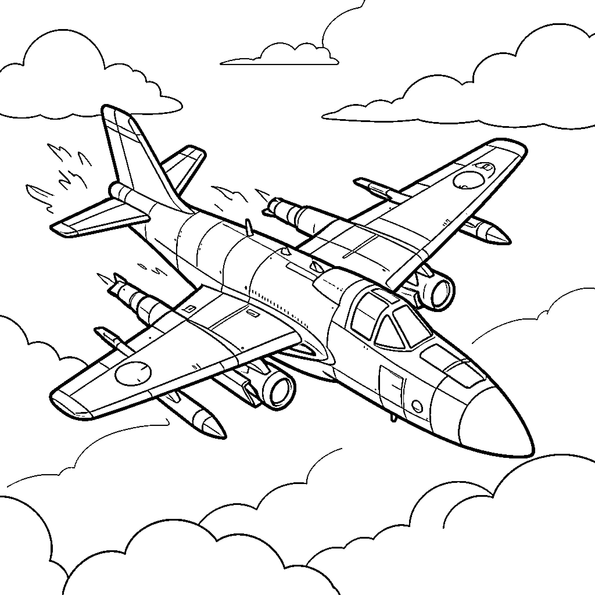 Airplane performing aerobatic maneuvers in the sky Coloring Page (free black-and-white line drawing printable PDF for all, from beginners to advanced learners, including children, teens, adults, and seniors)
