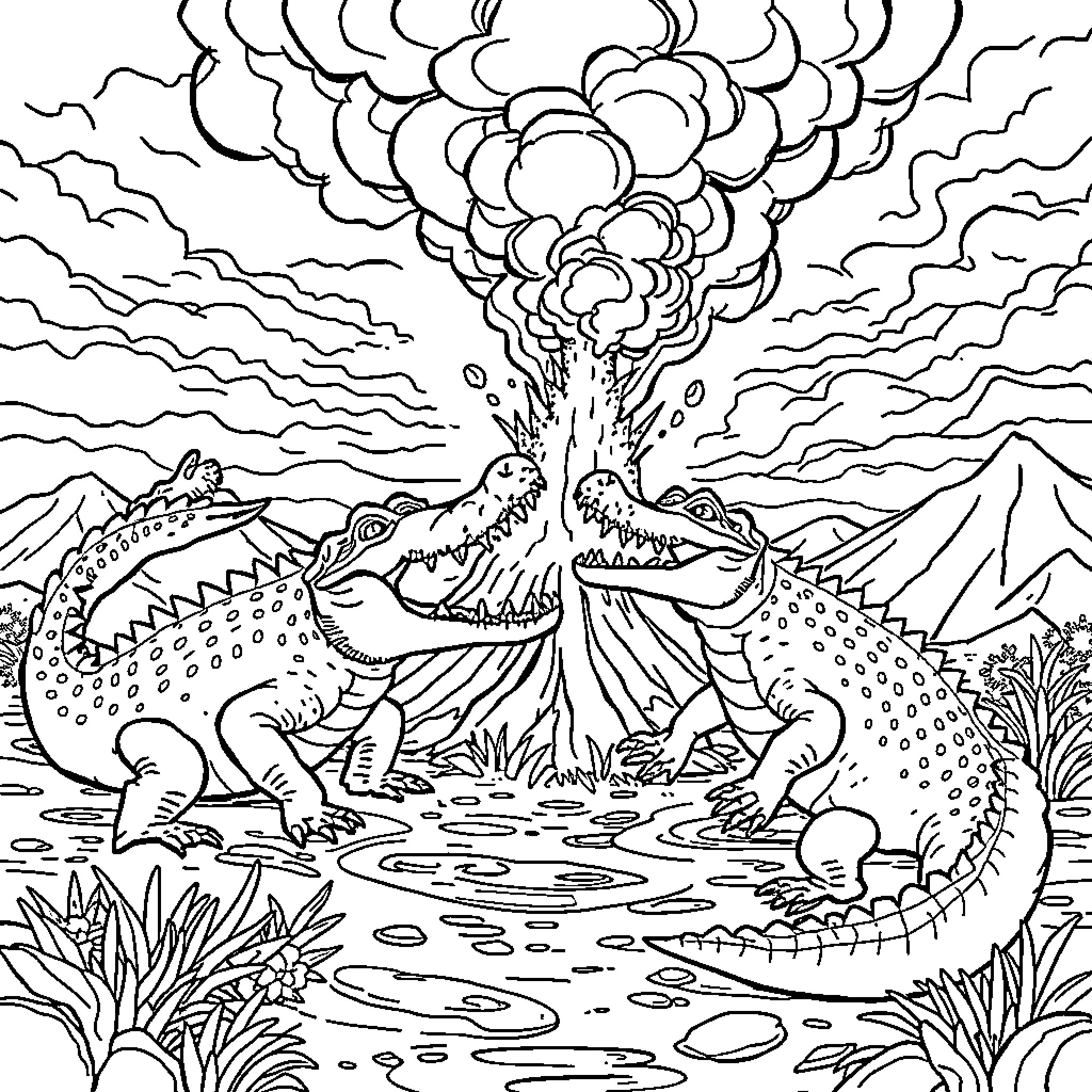 Crocodiles hunting near erupting volcano Coloring Page (free black-and-white line drawing printable PDF for all, from beginners to advanced learners, including children, teens, adults, and seniors)