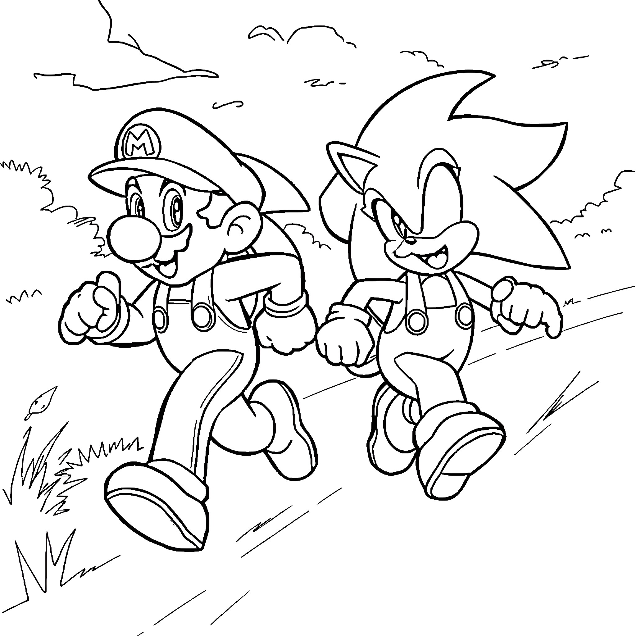 Mario and Sonic racing through the countryside Coloring Page (free black-and-white line drawing printable PDF for all, from beginners to advanced learners, including children, teens, adults, and seniors)
