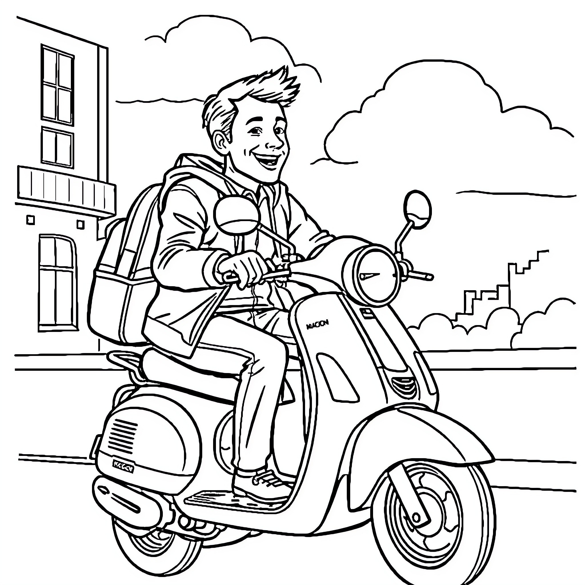 Macron rides scooter on city street Coloring Page (free black-and-white line drawing printable PDF for all, from beginners to advanced learners, including children, teens, adults, and seniors)