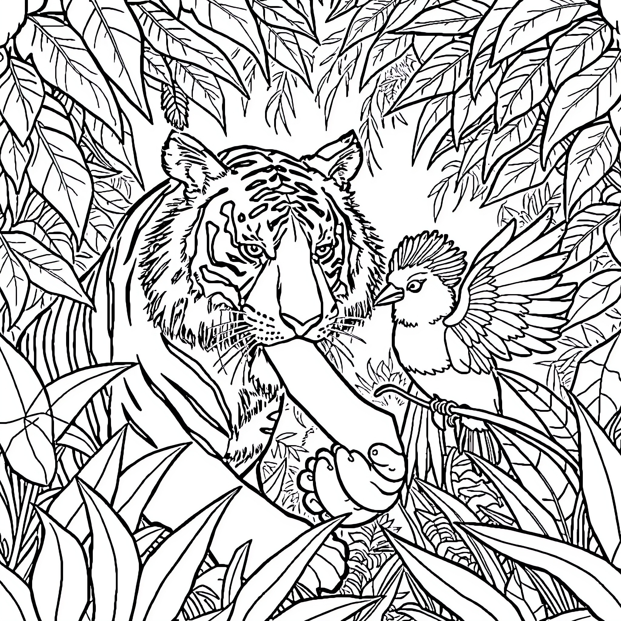Tigre amidst the lush foliage and wildlife Coloring Page (free black-and-white line drawing printable PDF for all, from beginners to advanced learners, including children, teens, adults, and seniors)