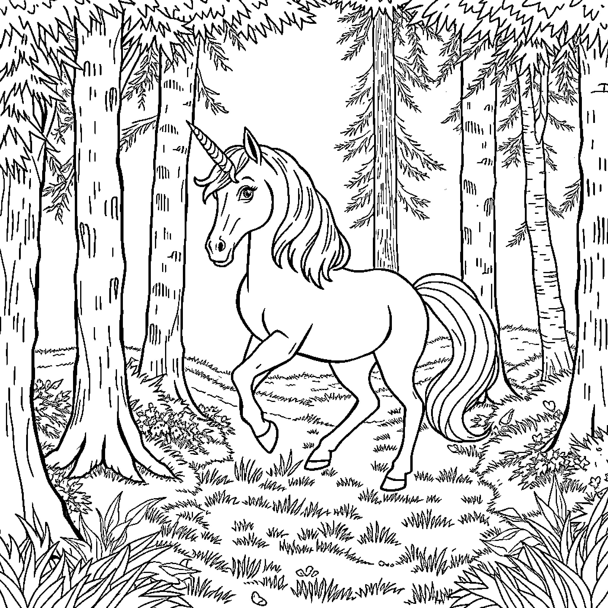 Unicorn trotting gracefully through enchanted forest Coloring Page (free black-and-white line drawing printable PDF for all, from beginners to advanced learners, including children, teens, adults, and seniors)