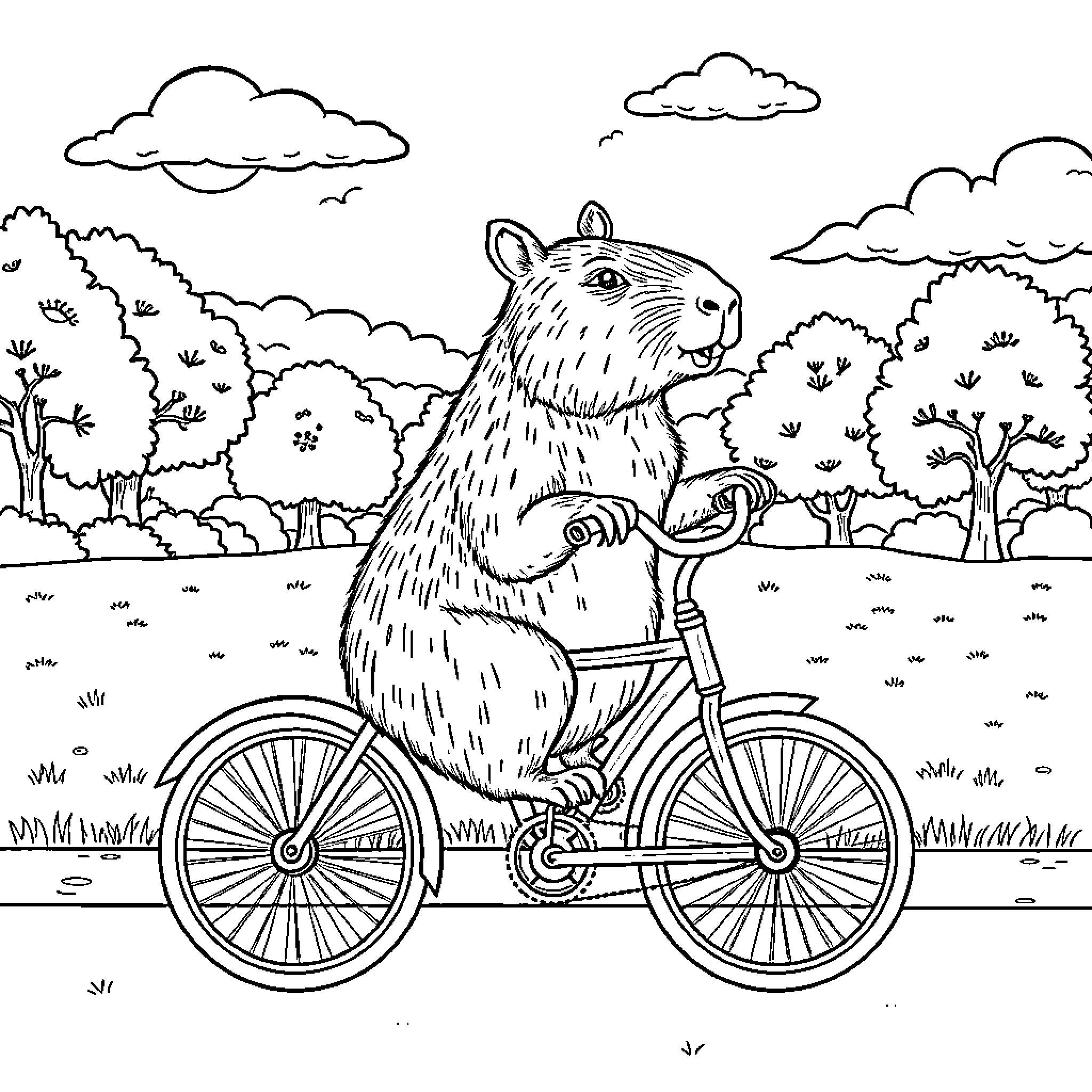 Capybara riding a bicycle in the park Coloring Page (free black-and-white line drawing printable PDF for all, from beginners to advanced learners, including children, teens, adults, and seniors)