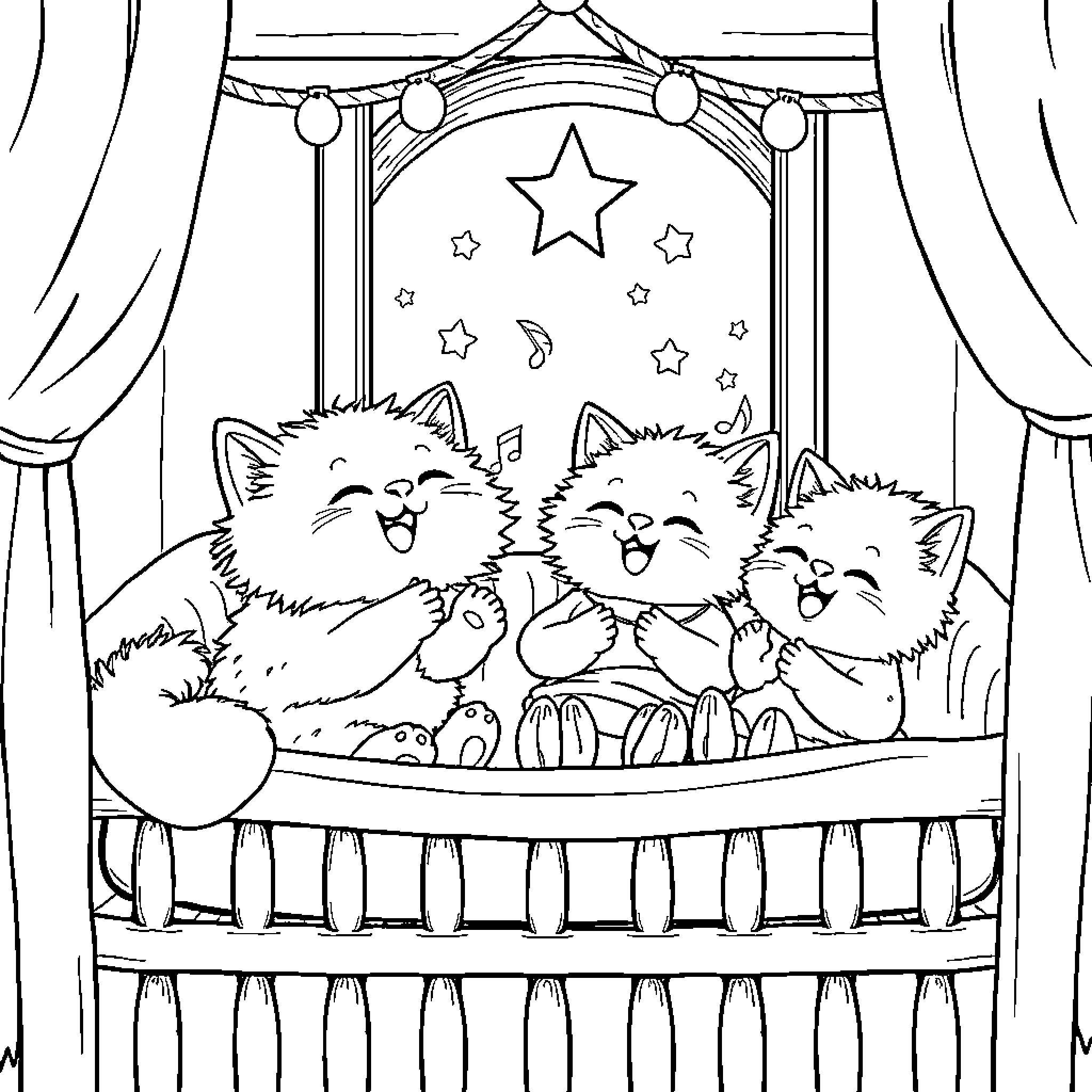 Cat Kittens Singing on Stage Coloring Page (free black-and-white line drawing printable PDF for all, from beginners to advanced learners, including children, teens, adults, and seniors)