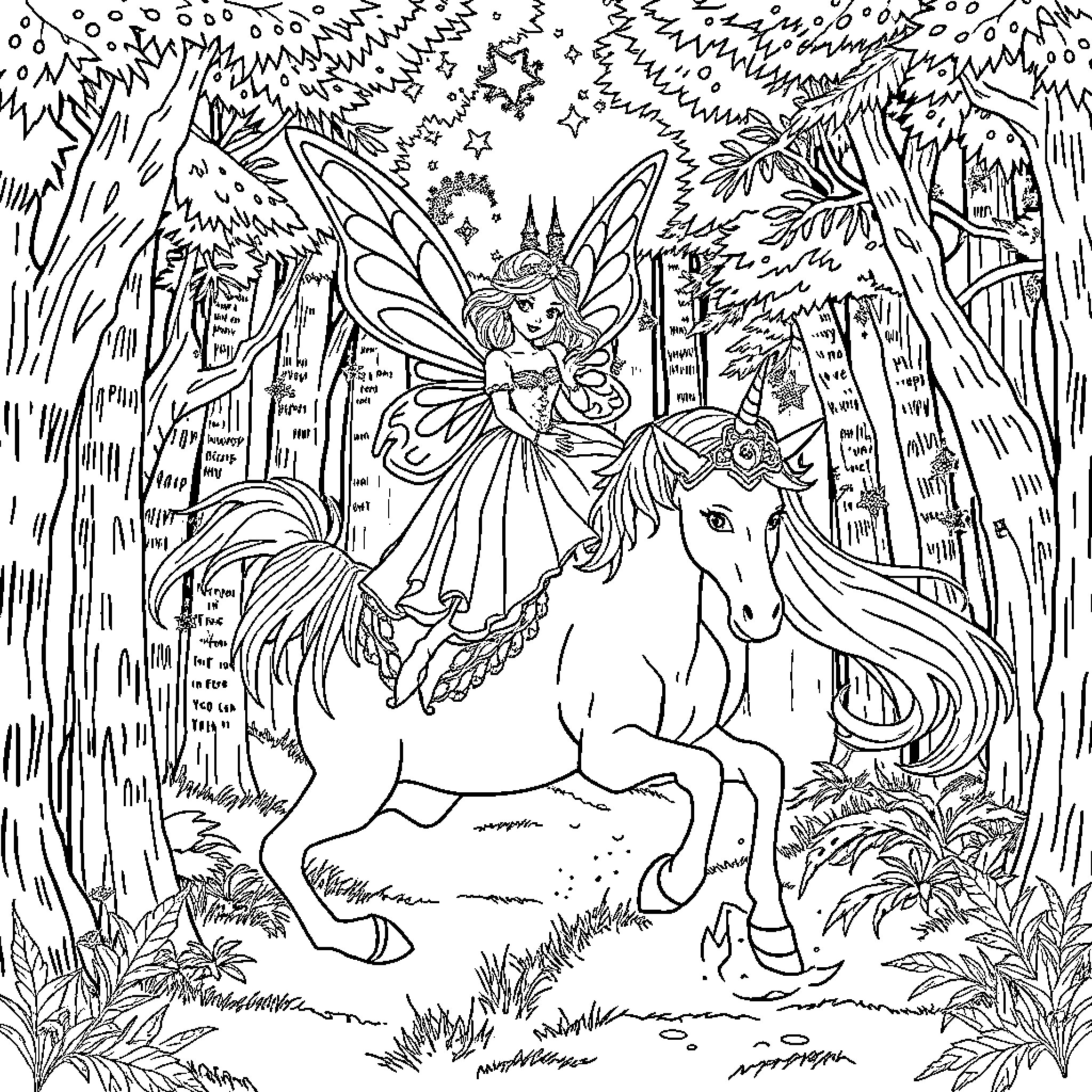 Fairy Princess riding a magical unicorn through the enchanted forest Coloring Page (free black-and-white line drawing printable PDF for all, from beginners to advanced learners, including children, teens, adults, and seniors)