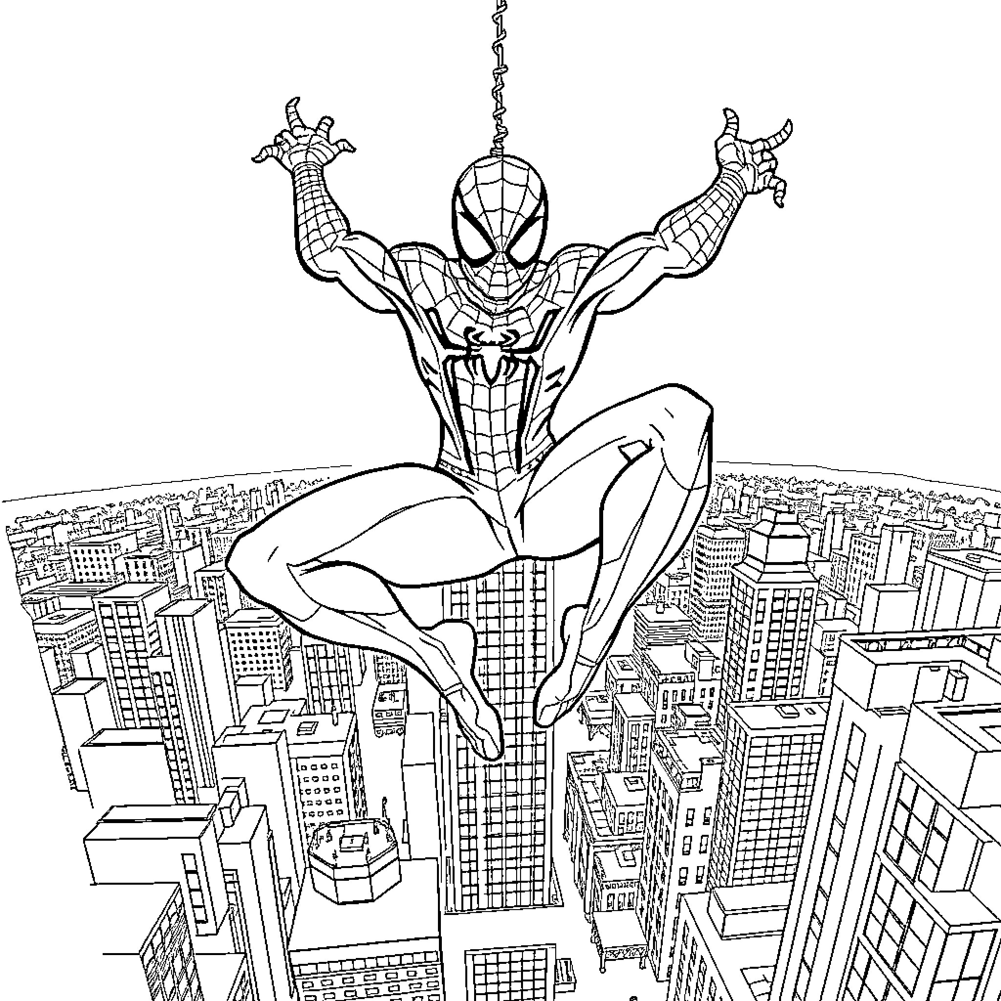 Spiderman swinging through the city skyline Coloring Page (free black-and-white line drawing printable PDF for all, from beginners to advanced learners, including children, teens, adults, and seniors)