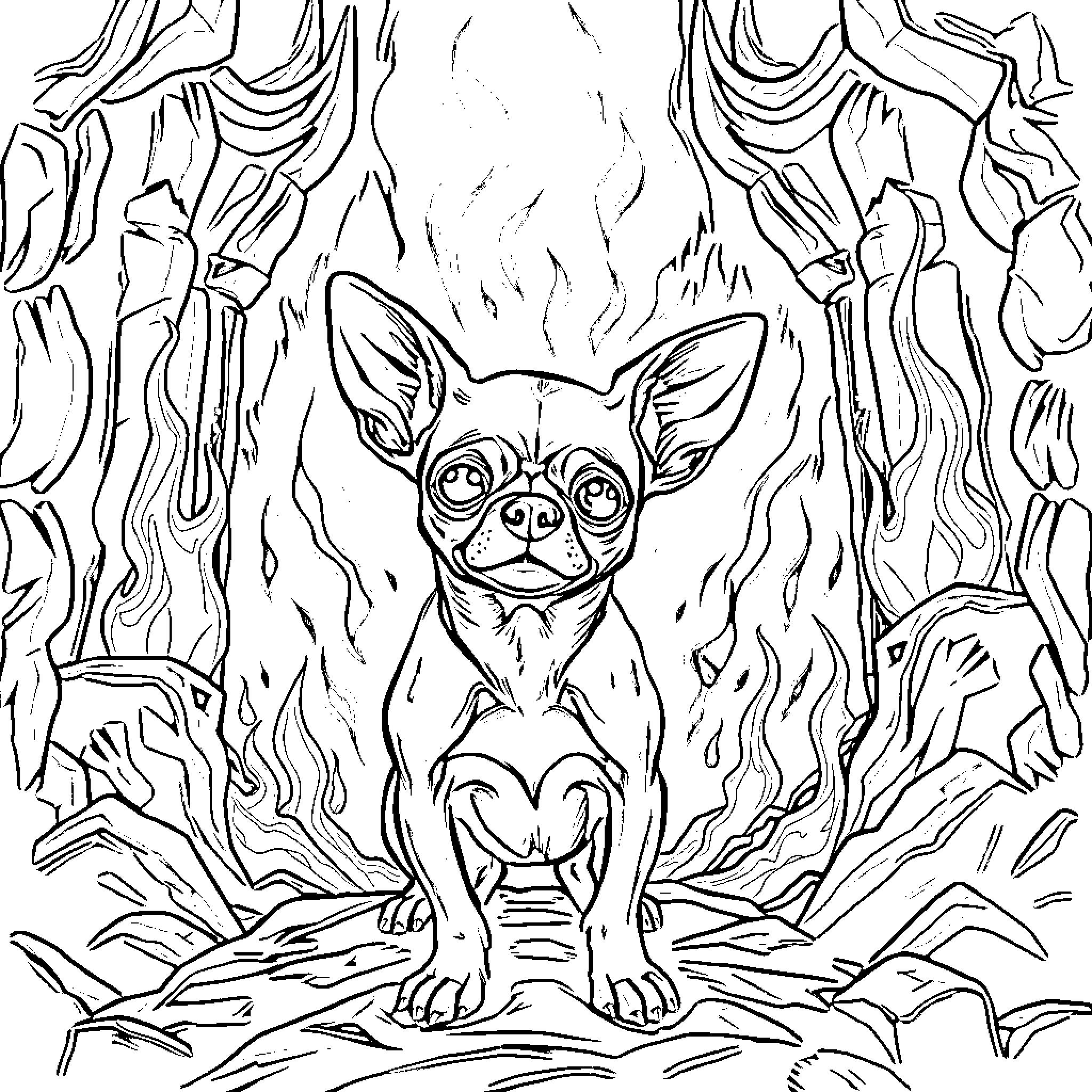 Chihuahua in the Mysterious Forest Coloring Page (free black-and-white line drawing printable PDF for all, from beginners to advanced learners, including children, teens, adults, and seniors)
