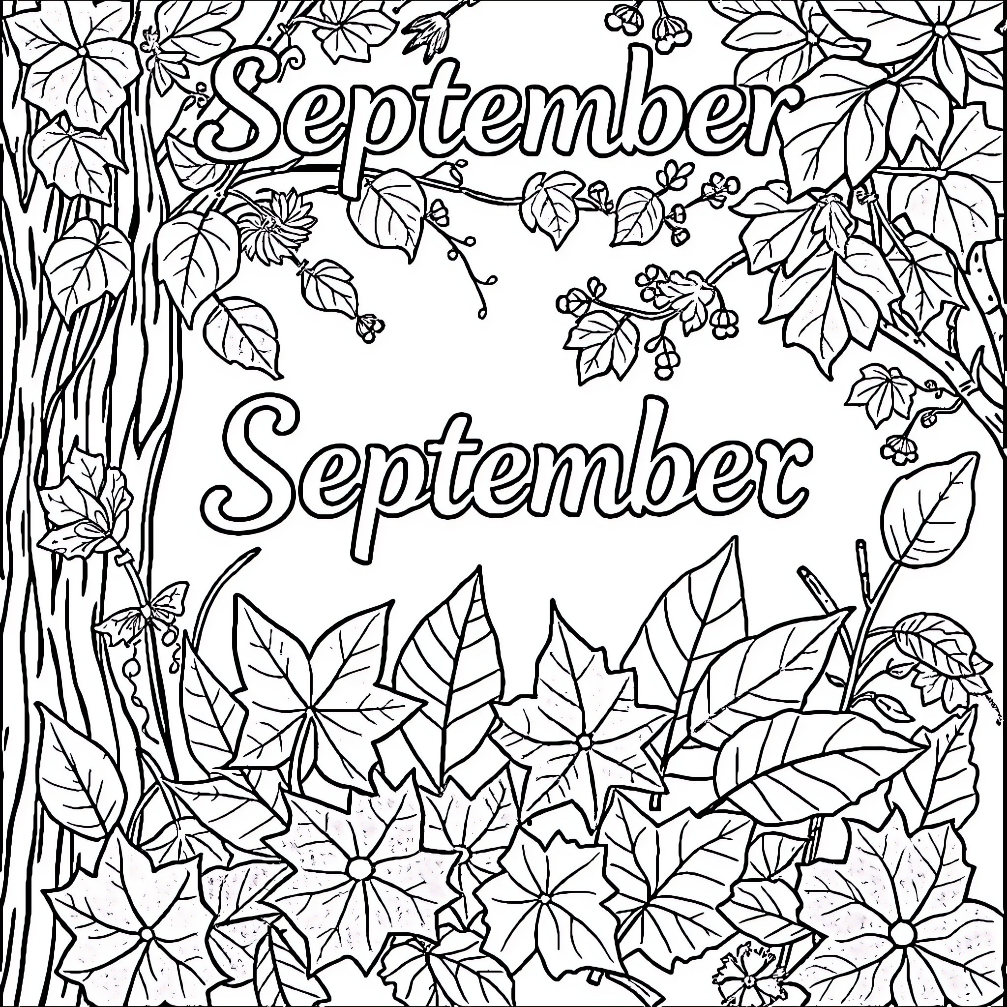 September Covers Featuring Autumn Leaves and Floral Designs Coloring Page (free black-and-white line drawing printable PDF for all, from beginners to advanced learners, including children, teens, adults, and seniors)