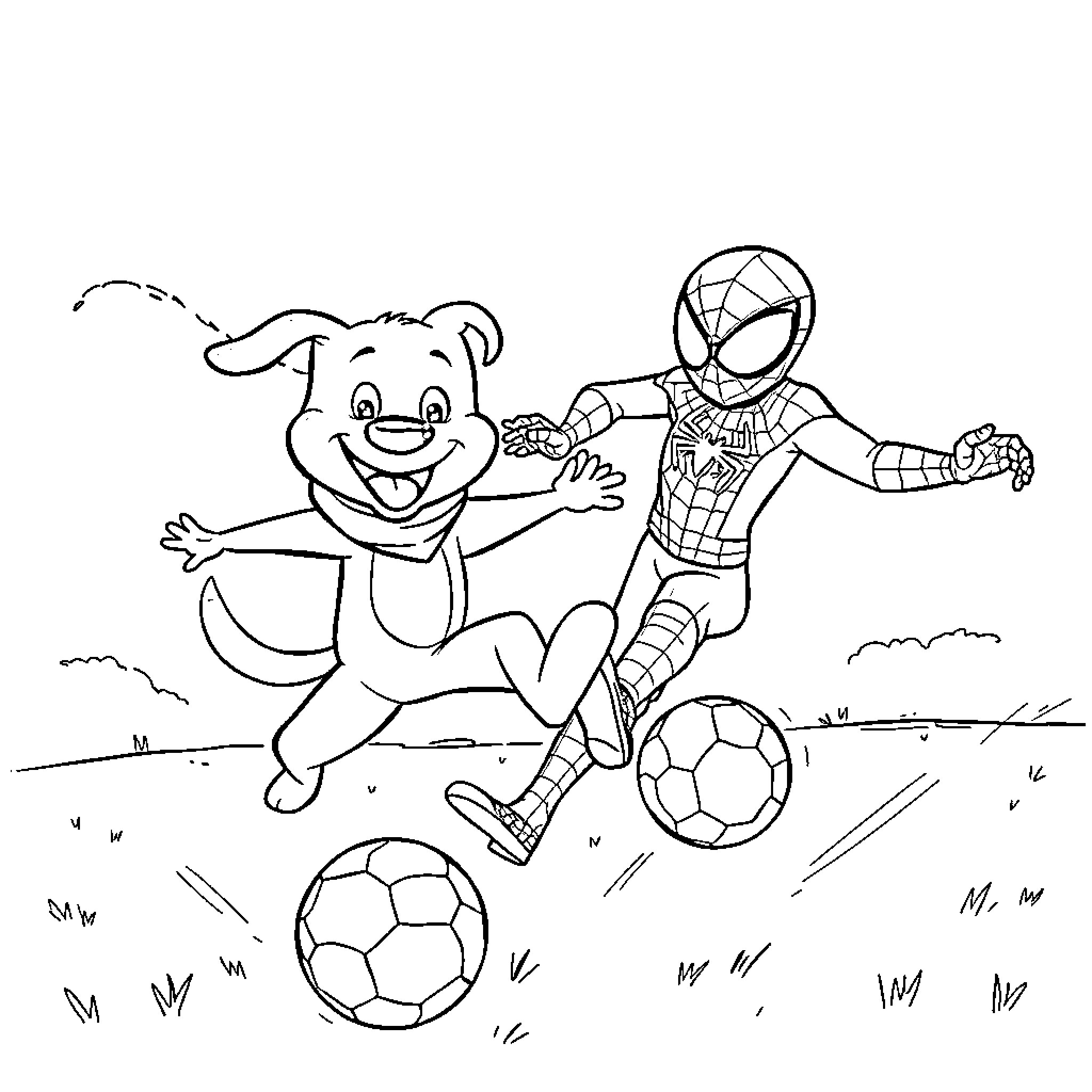 Bluey and Spiderman Play Soccer Together Coloring Page (free black-and-white line drawing printable PDF for all, from beginners to advanced learners, including children, teens, adults, and seniors)