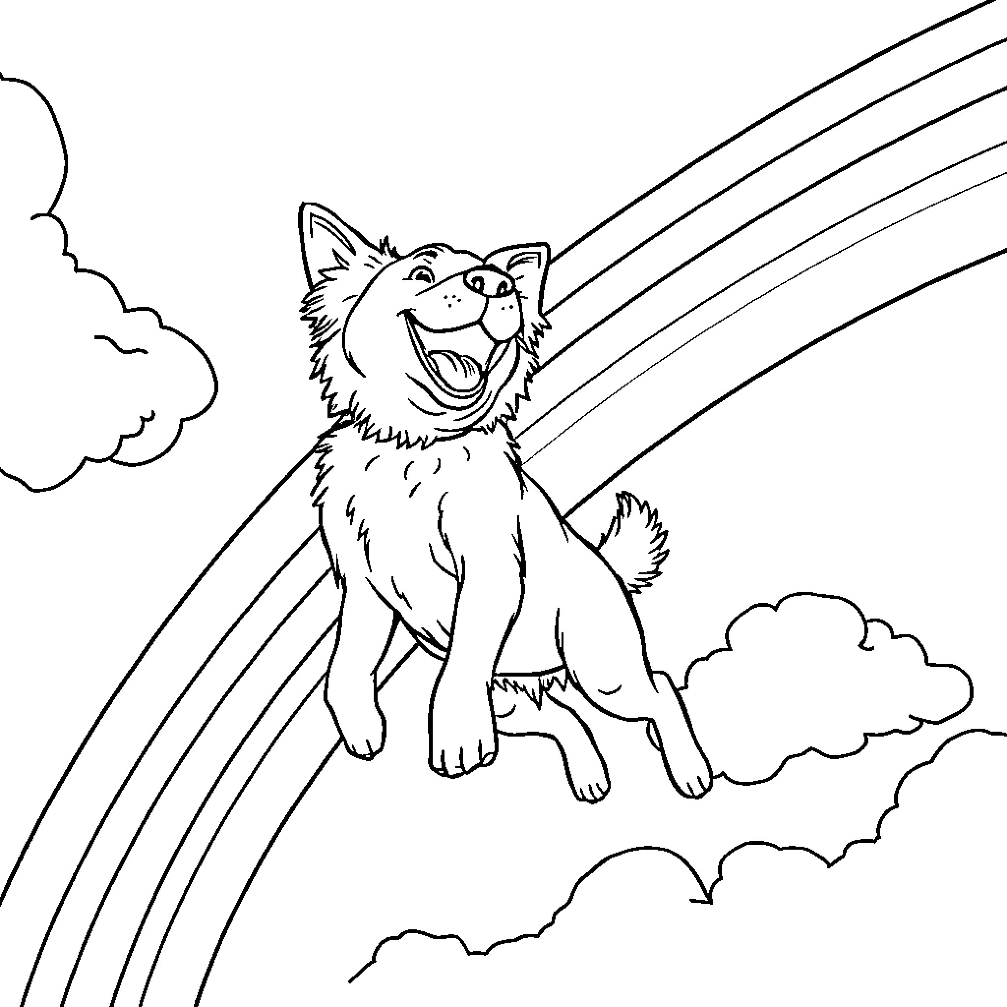 Dog joyfully gazing at the rainbow in the sky Coloring Page (free black-and-white line drawing printable PDF for all, from beginners to advanced learners, including children, teens, adults, and seniors)