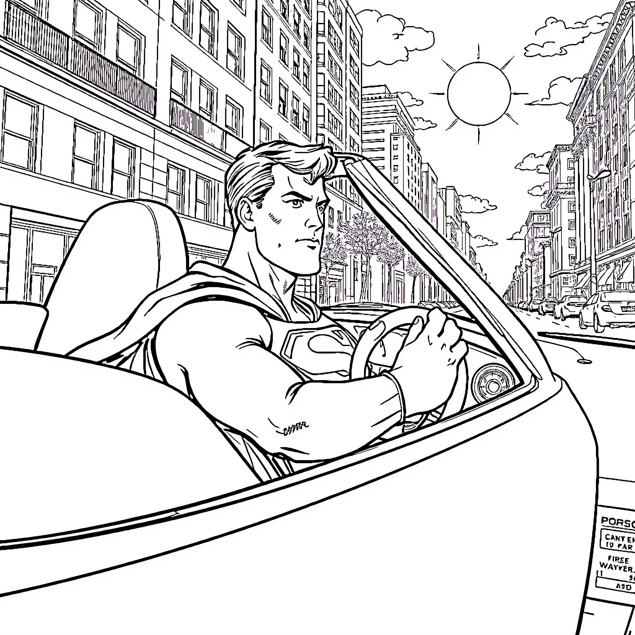 Superman driving a convertible in the city Coloring Page (free black-and-white line drawing printable PDF for all, from beginners to advanced learners, including children, teens, adults, and seniors)
