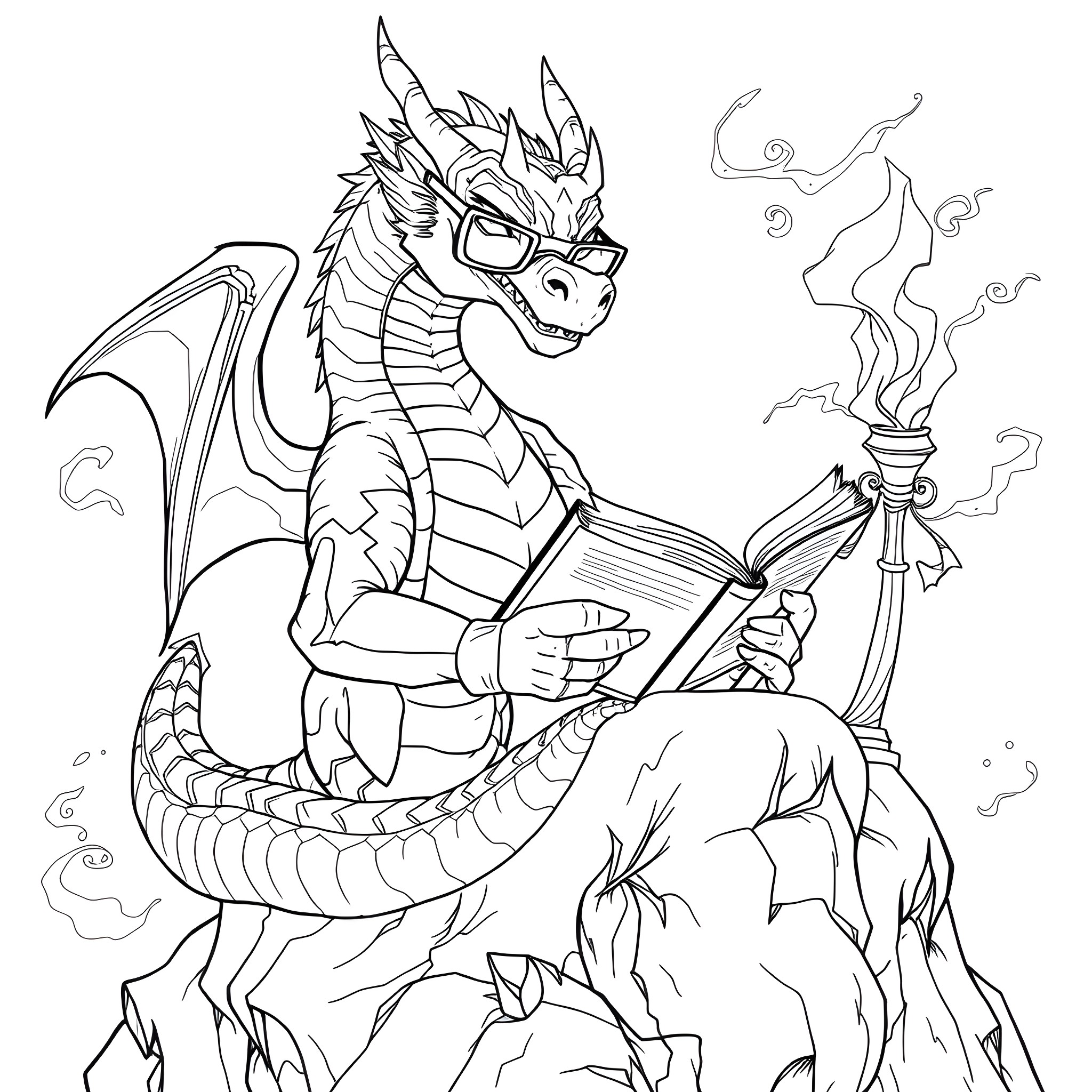 Dragon reading magical book with fiery aura Coloring Page (free black-and-white line drawing printable PDF for all, from beginners to advanced learners, including children, teens, adults, and seniors)