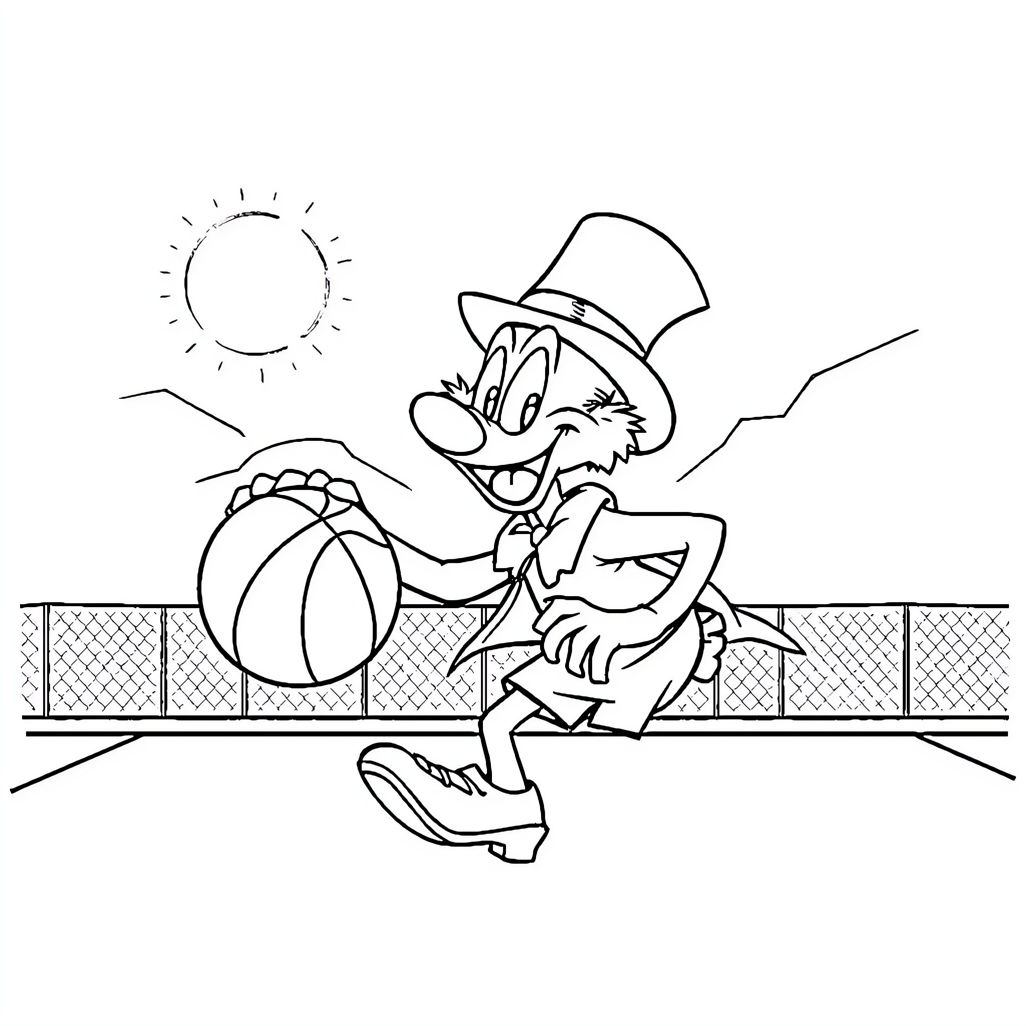 Scrooge's Playful Antics on the Court Coloring Page (free black-and-white line drawing printable PDF for all, from beginners to advanced learners, including children, teens, adults, and seniors)