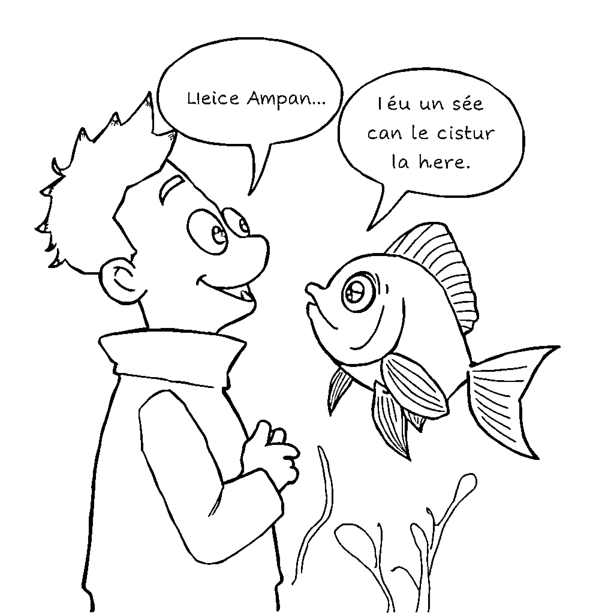 Chat between person and fish about cistern Coloring Page (free black-and-white line drawing printable PDF for all, from beginners to advanced learners, including children, teens, adults, and seniors)