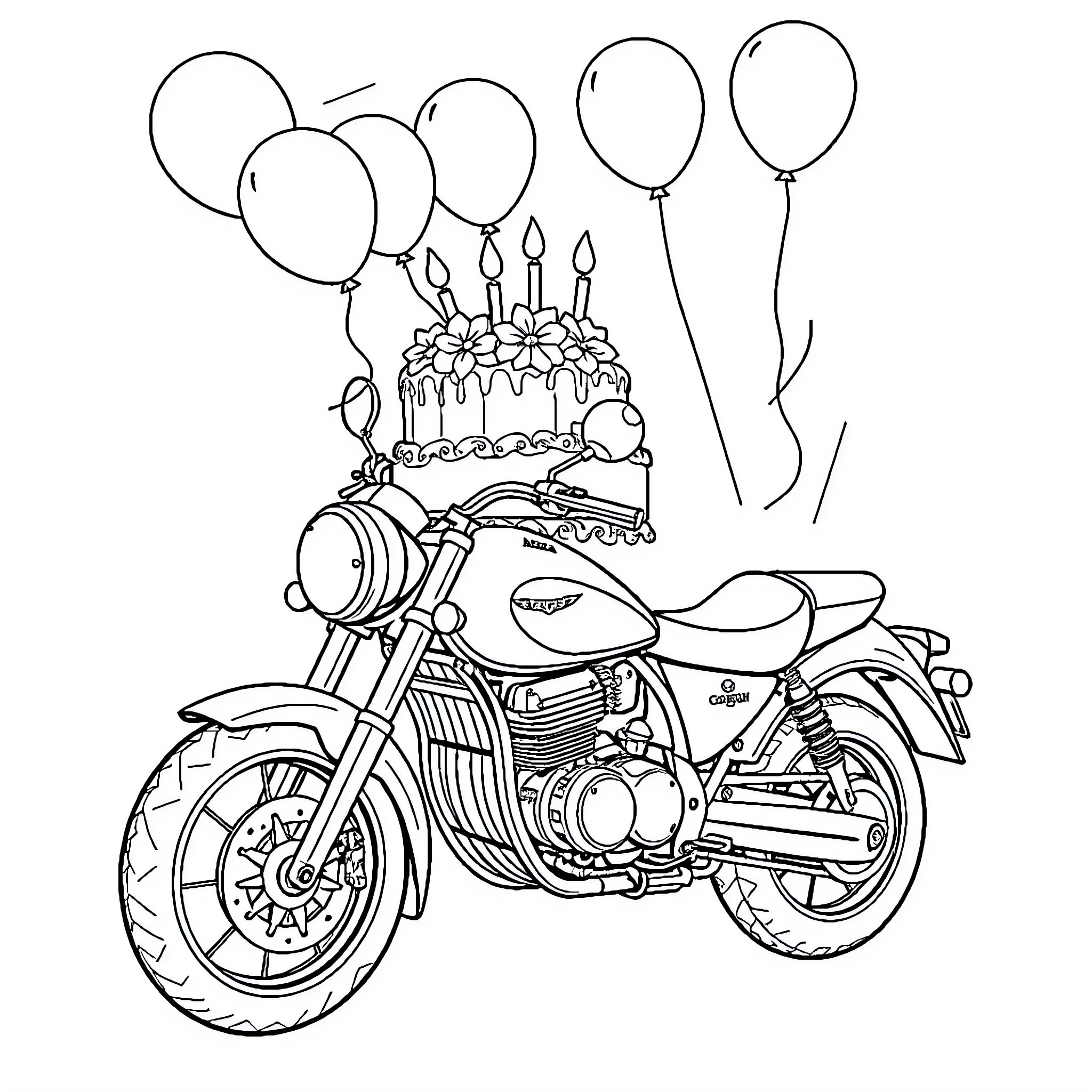 Motorcycle with Birthday Cake and Balloons Coloring Page (free black-and-white line drawing printable PDF for all, from beginners to advanced learners, including children, teens, adults, and seniors)