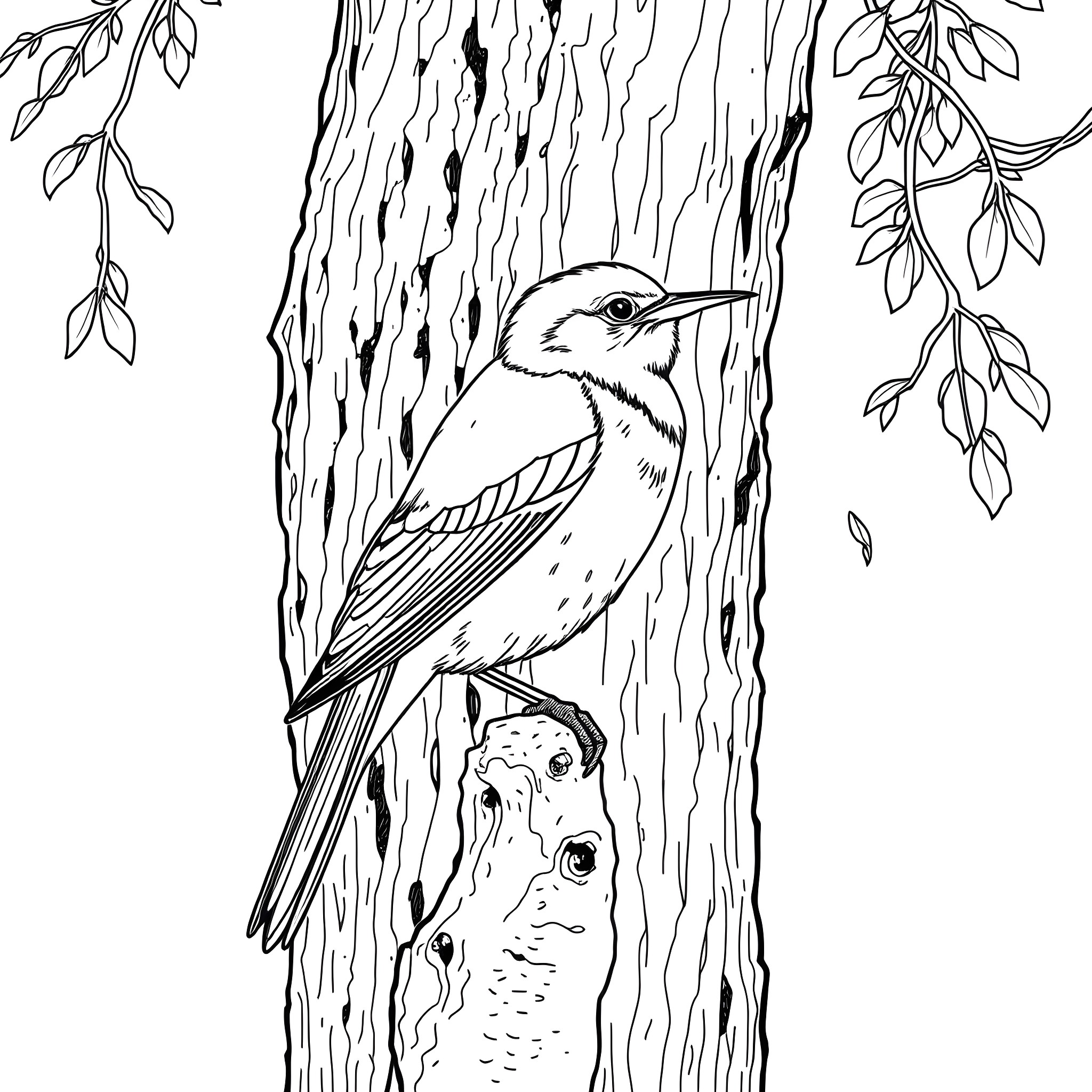 Dacnis bird nesting in hollow tree trunk Coloring Page (free black-and-white line drawing printable PDF for all, from beginners to advanced learners, including children, teens, adults, and seniors)