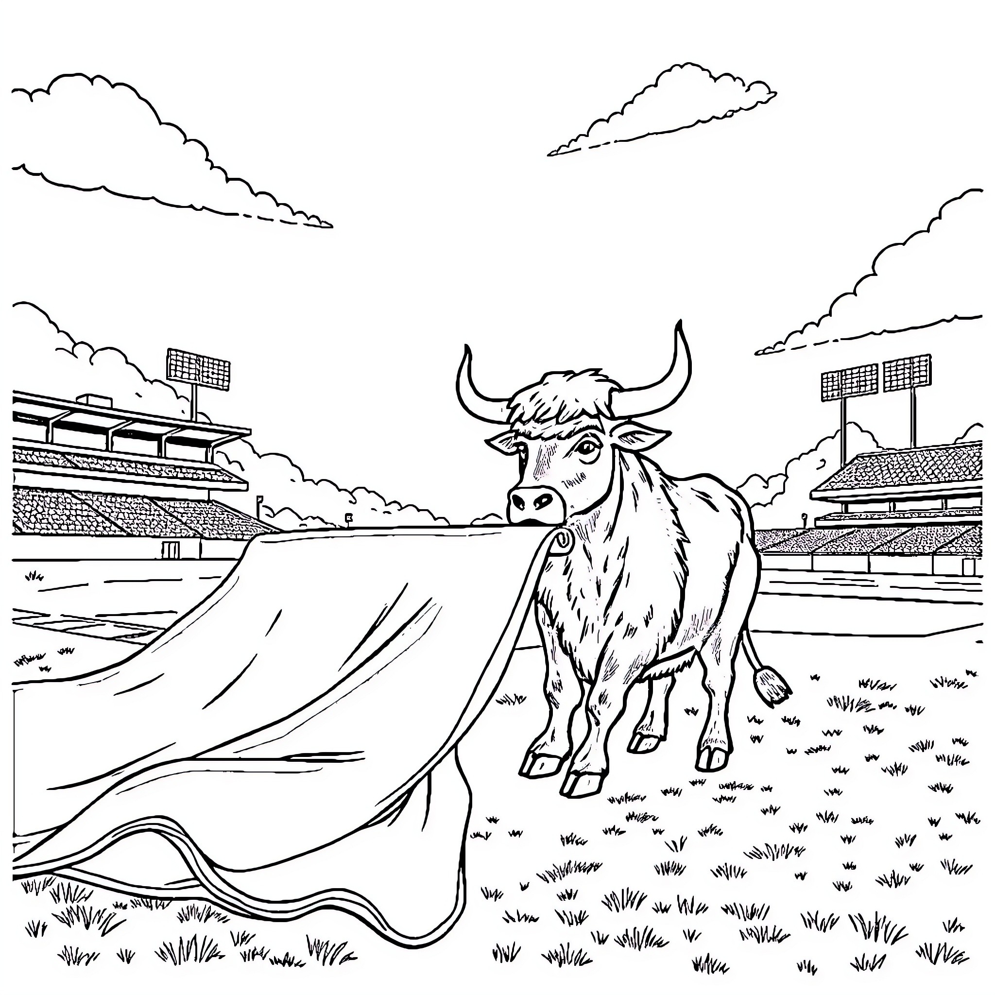 Wool E Bull charging onto the playing field Coloring Page (free black-and-white line drawing printable PDF for all, from beginners to advanced learners, including children, teens, adults, and seniors)