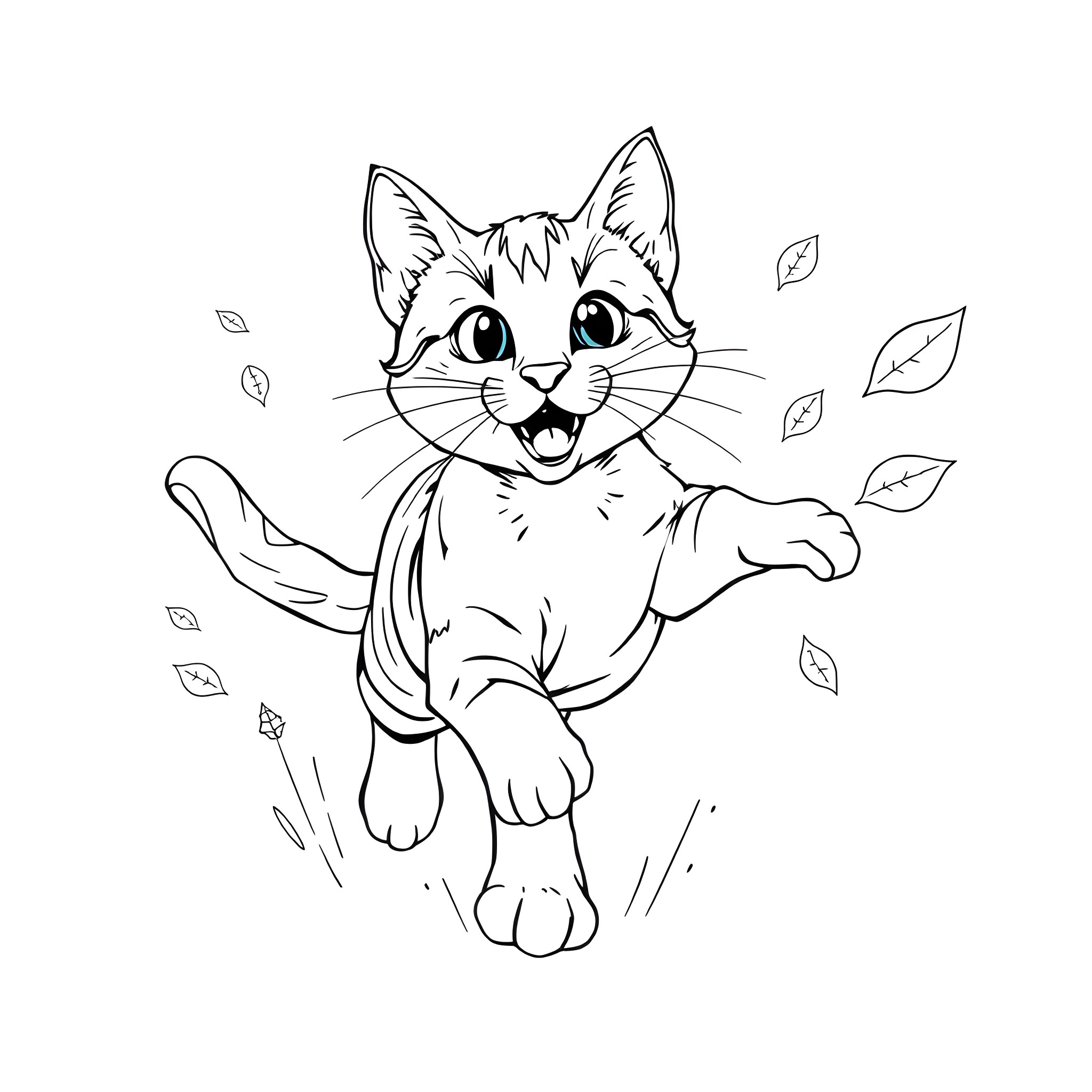 Cat playing happily with falling leaves Coloring Page (free black-and-white line drawing printable PDF for all, from beginners to advanced learners, including children, teens, adults, and seniors)