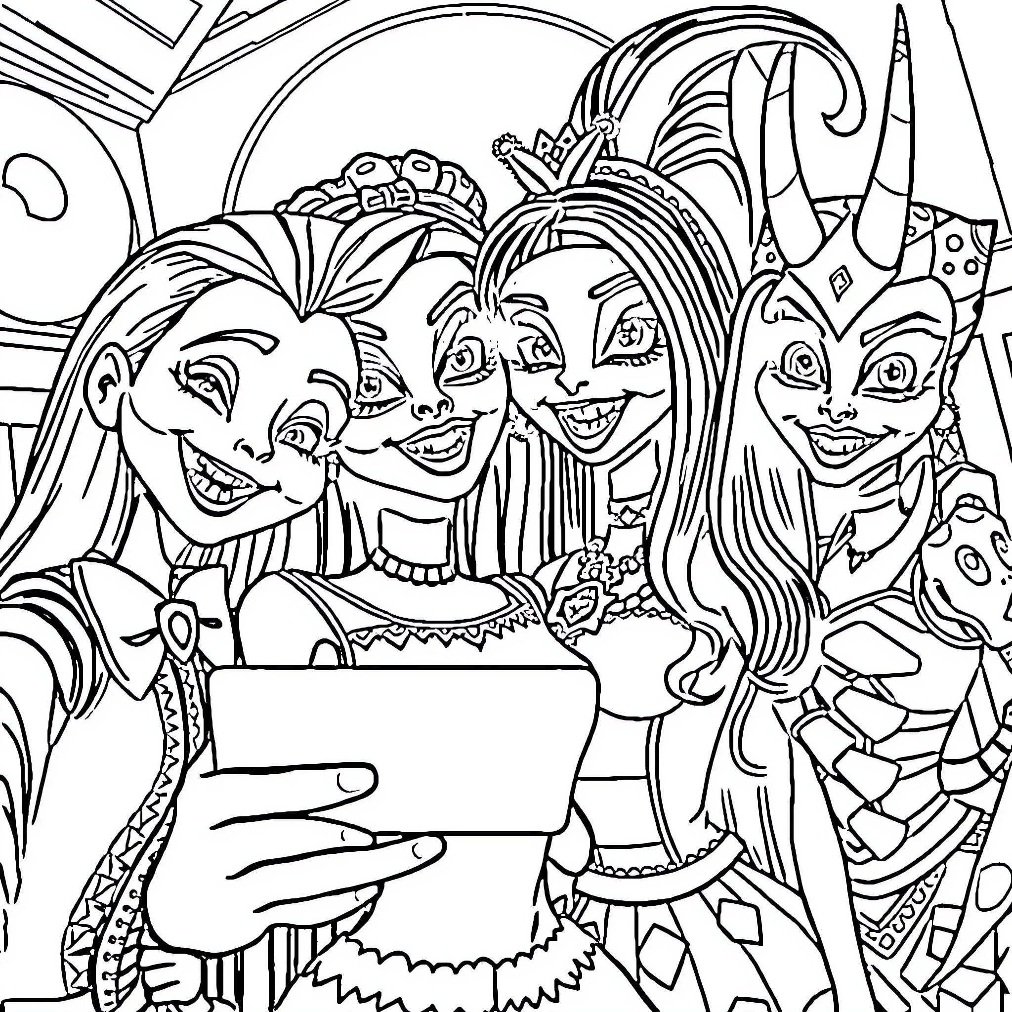 Monster High Characters Taking a Selfie Coloring Page (free black-and-white line drawing printable PDF for all, from beginners to advanced learners, including children, teens, adults, and seniors)