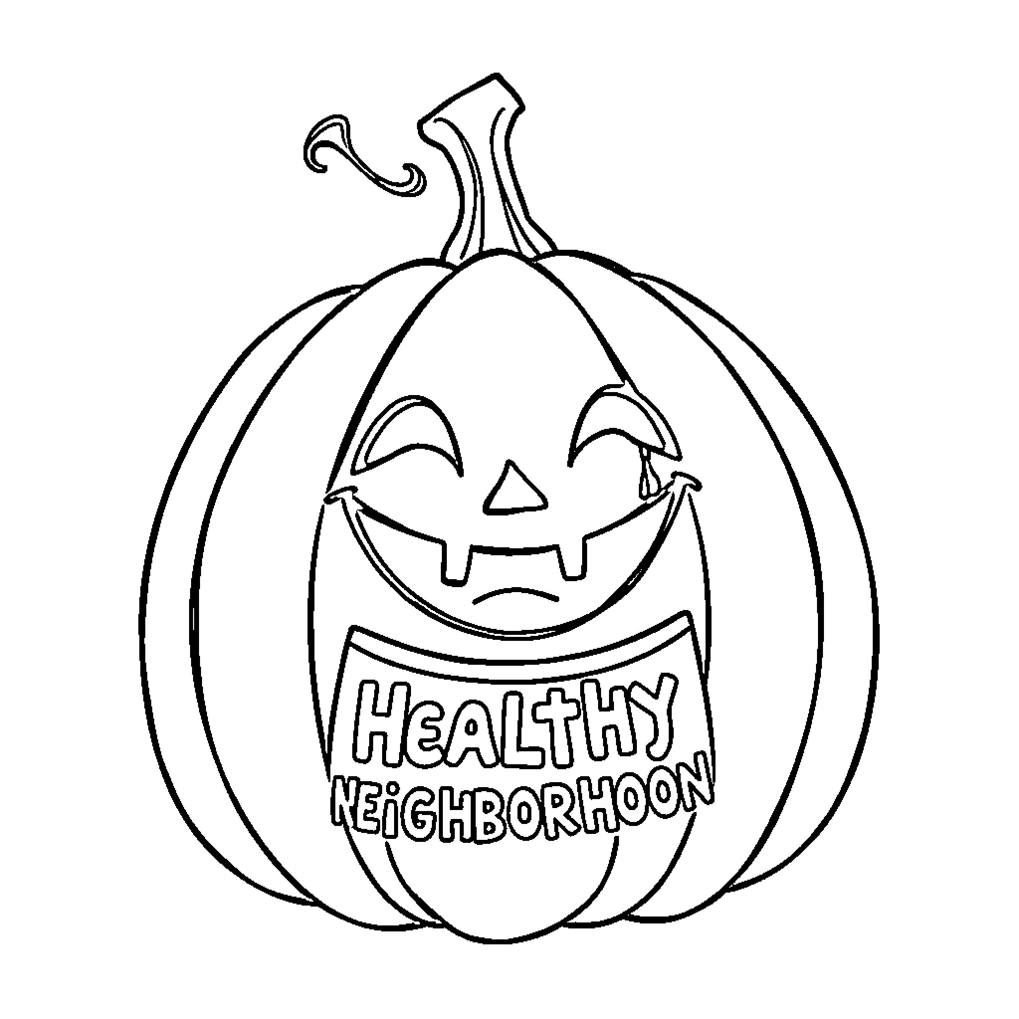Pumpkin with Healthy Neighborhood message Coloring Page (free black-and-white line drawing printable PDF for all, from beginners to advanced learners, including children, teens, adults, and seniors)