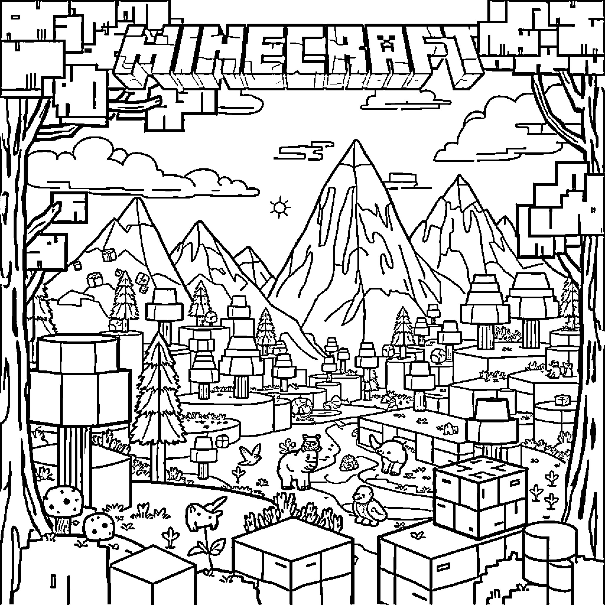 Minecraft Mountainous Landscape with Village and Wildlife Coloring Page (free black-and-white line drawing printable PDF for all, from beginners to advanced learners, including children, teens, adults, and seniors)
