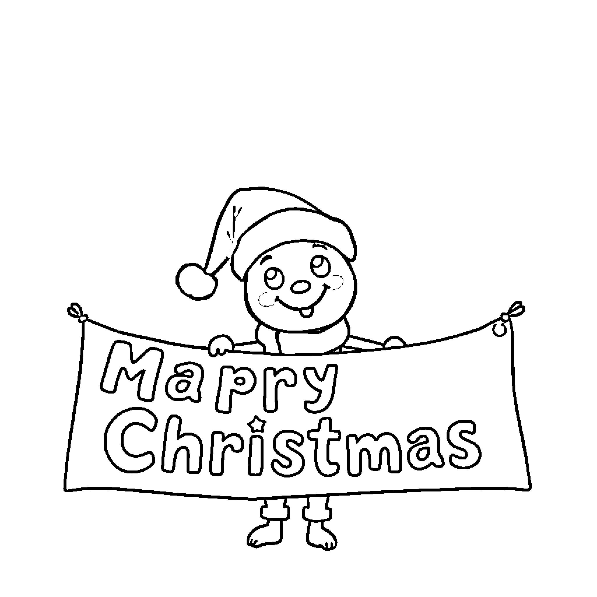 Character holding 'Merry Christmas' sign Coloring Page (free black-and-white line drawing printable PDF for all, from beginners to advanced learners, including children, teens, adults, and seniors)
