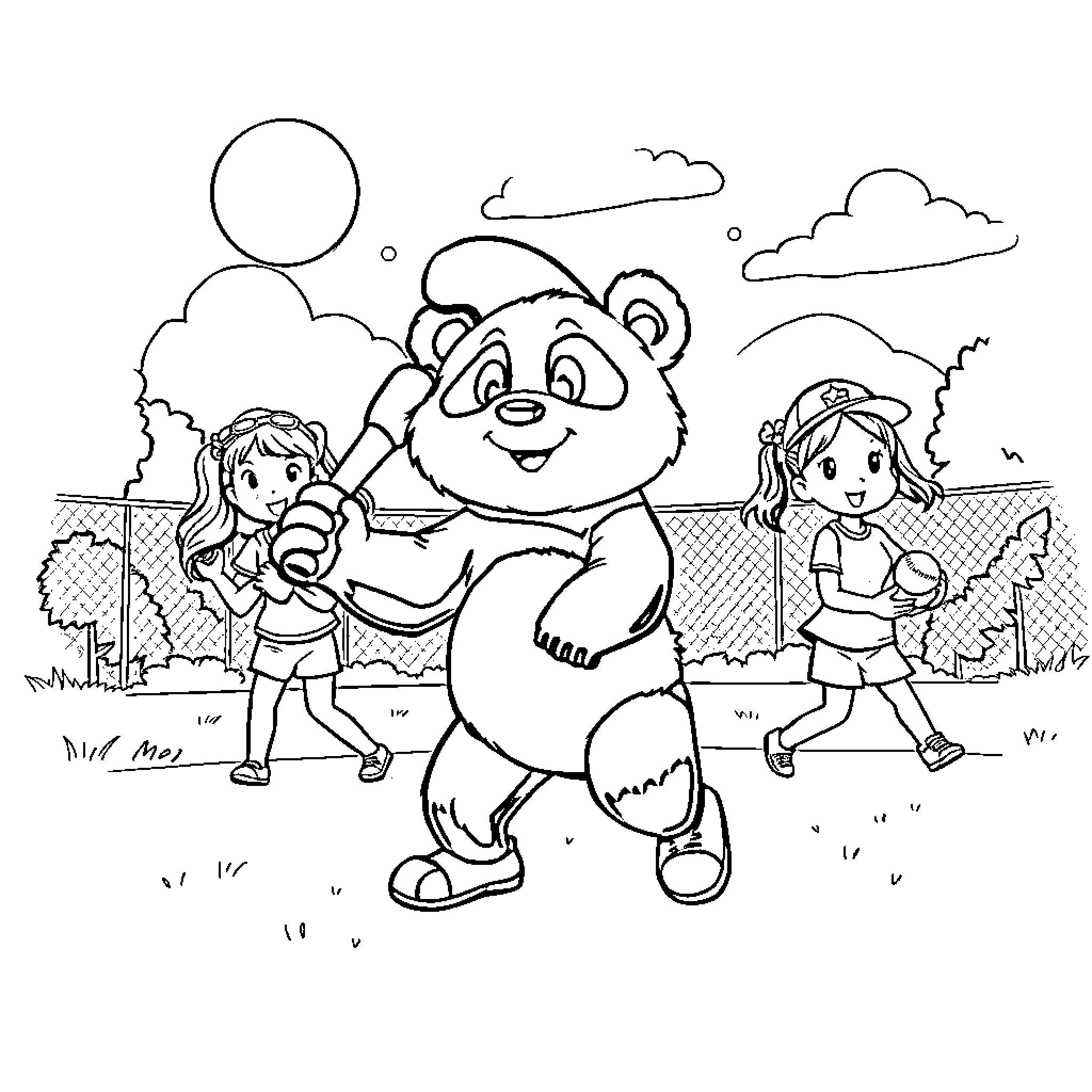 Panda playing with children in the park Coloring Page (free black-and-white line drawing printable PDF for all, from beginners to advanced learners, including children, teens, adults, and seniors)