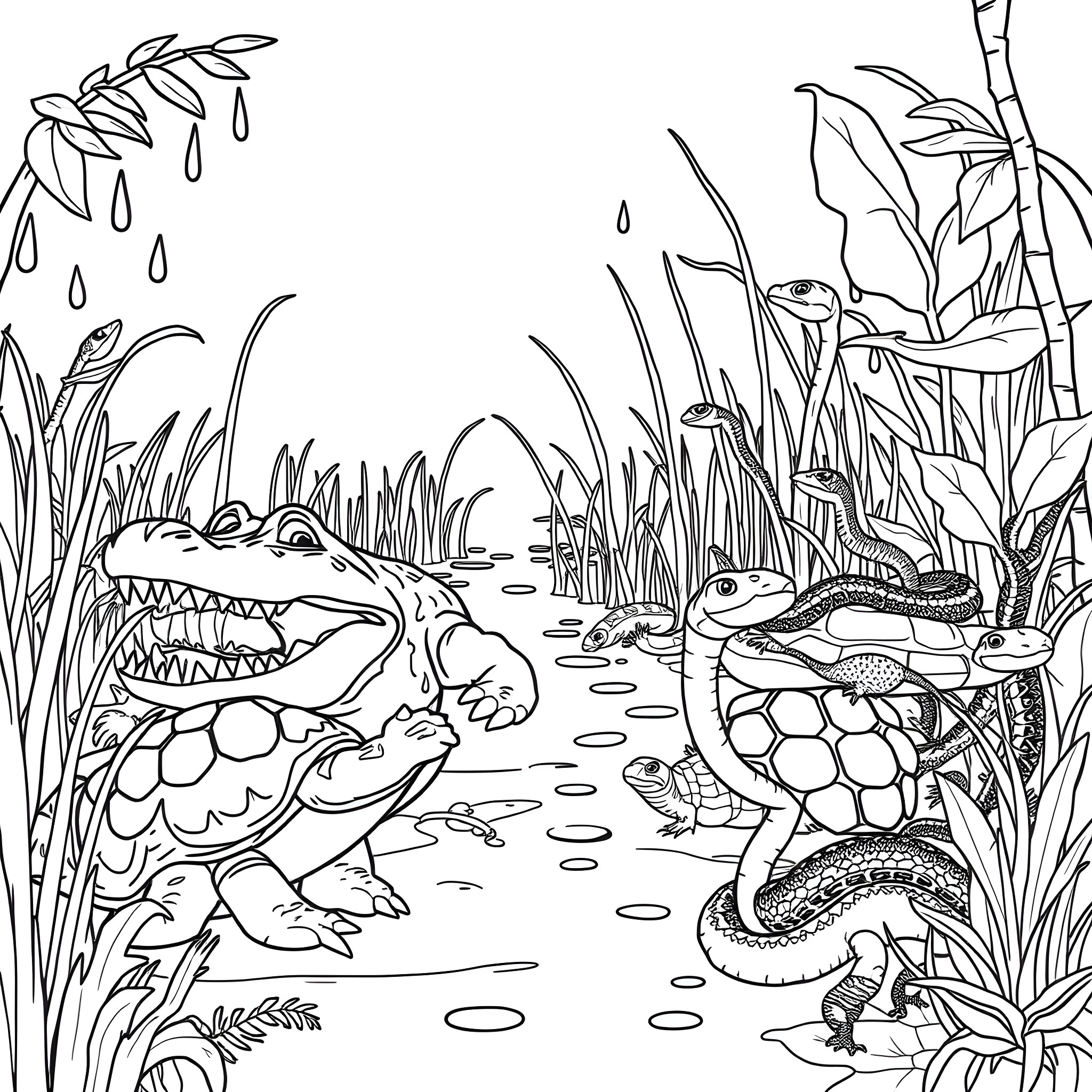 Reptile friends in a lush wetland landscape Coloring Page (free black-and-white line drawing printable PDF for all, from beginners to advanced learners, including children, teens, adults, and seniors)