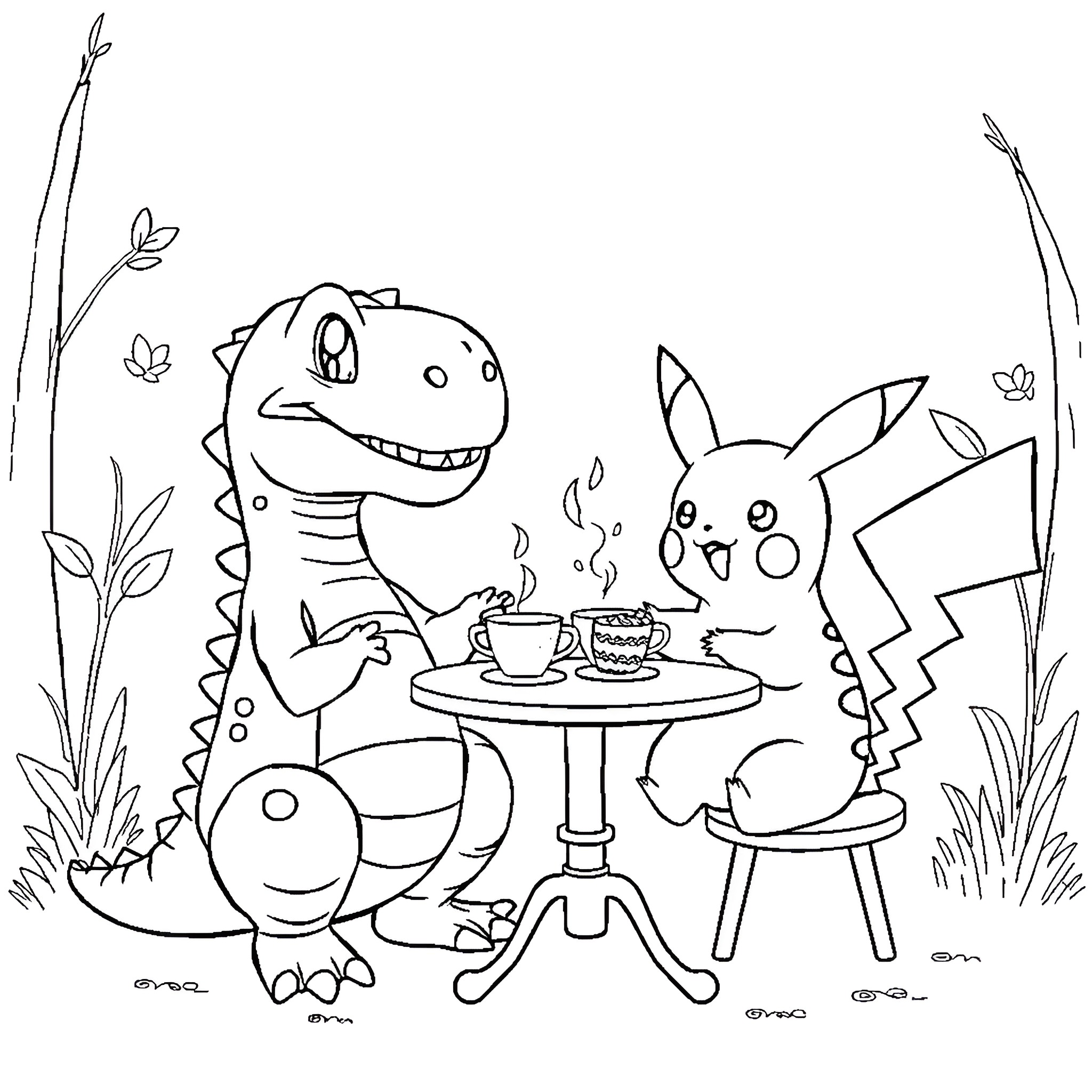 T-Rex and Pikachu enjoying a tea party Coloring Page (free black-and-white line drawing printable PDF for all, from beginners to advanced learners, including children, teens, adults, and seniors)