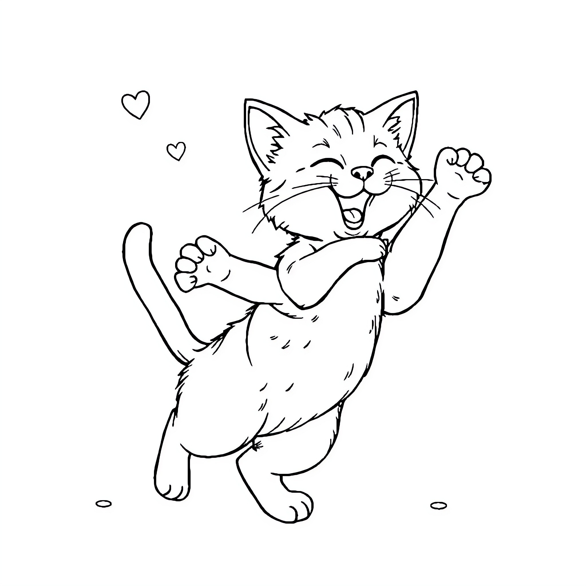 Cat joyfully stretching with hearts Coloring Page (free black-and-white line drawing printable PDF for all, from beginners to advanced learners, including children, teens, adults, and seniors)