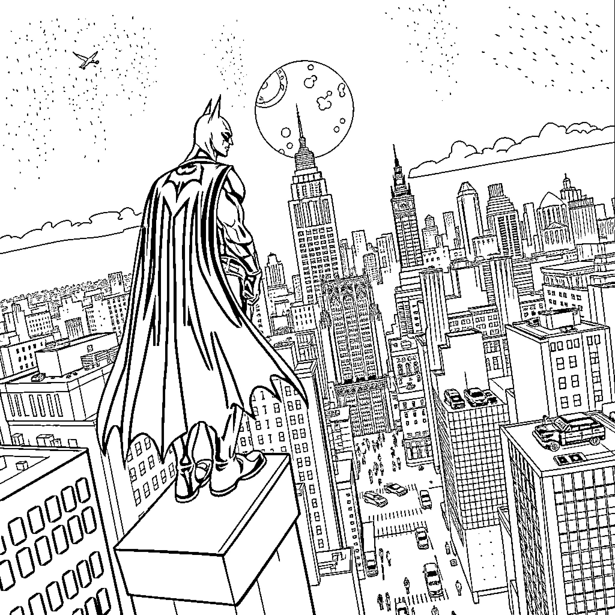 Batman overlooking the bustling city skyline Coloring Page (free black-and-white line drawing printable PDF for all, from beginners to advanced learners, including children, teens, adults, and seniors)