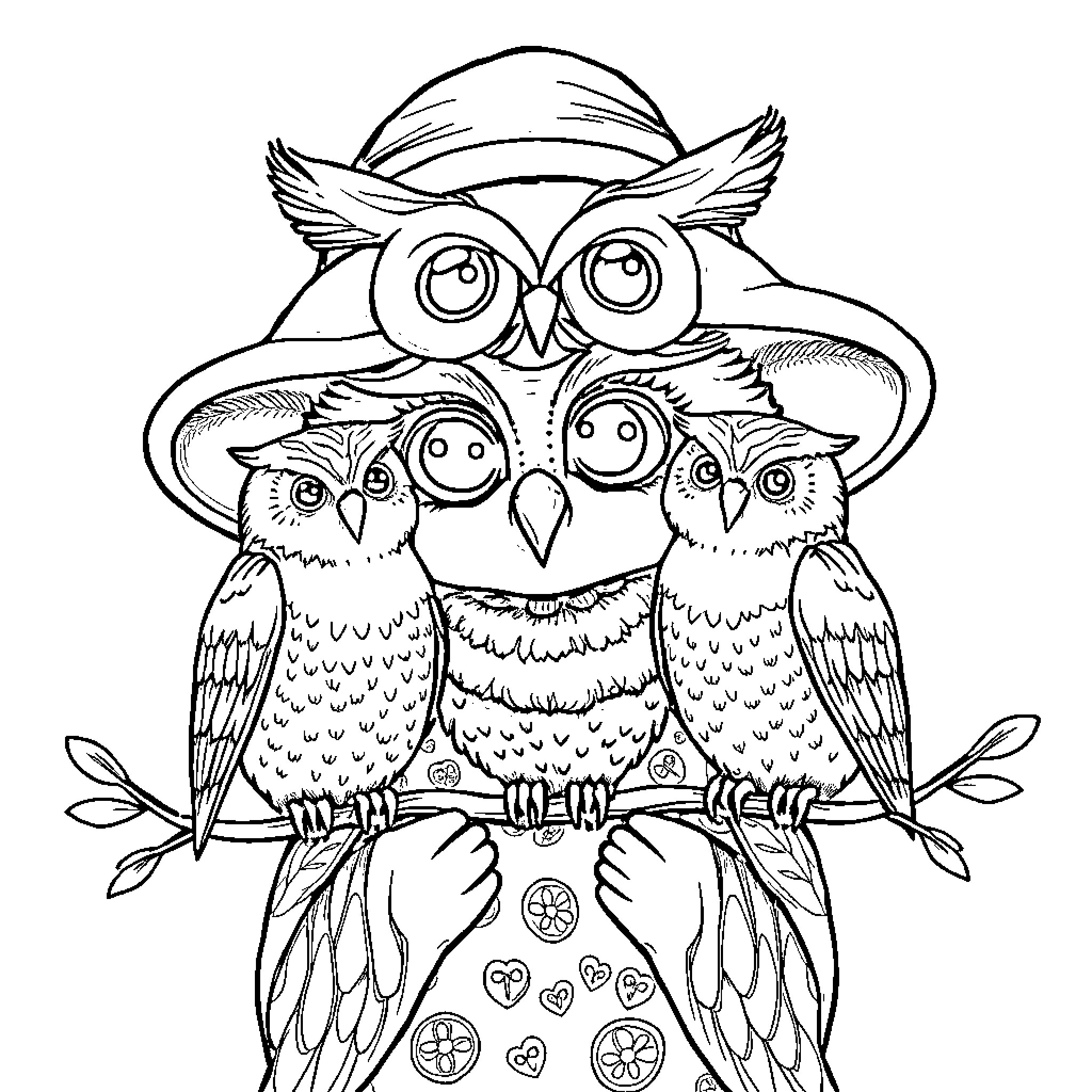 Owl family wearing hats and perched together Coloring Page (free black-and-white line drawing printable PDF for all, from beginners to advanced learners, including children, teens, adults, and seniors)