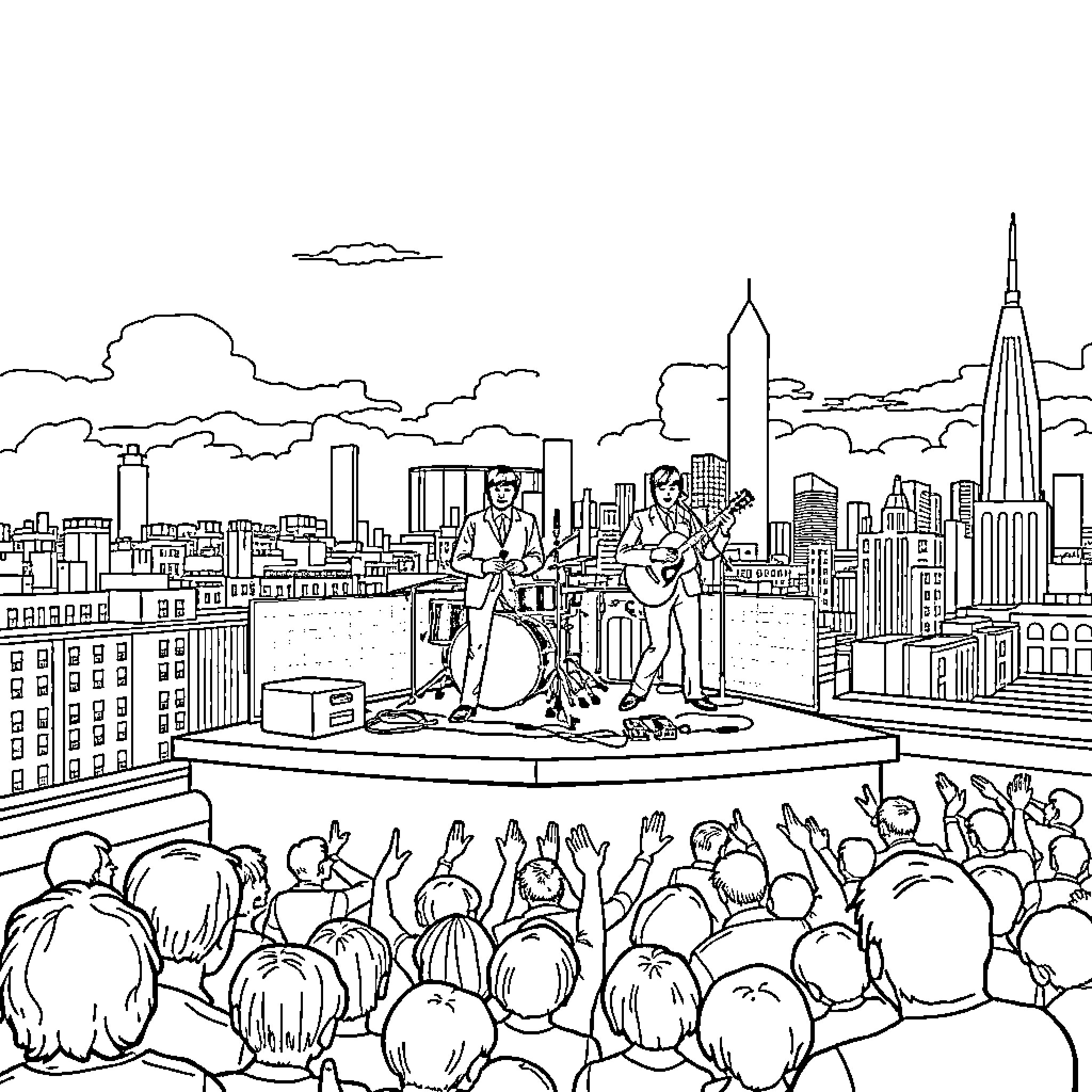 Beatles Performing in Rooftop Concert Amid City Skyline Coloring Page (free black-and-white line drawing printable PDF for all, from beginners to advanced learners, including children, teens, adults, and seniors)