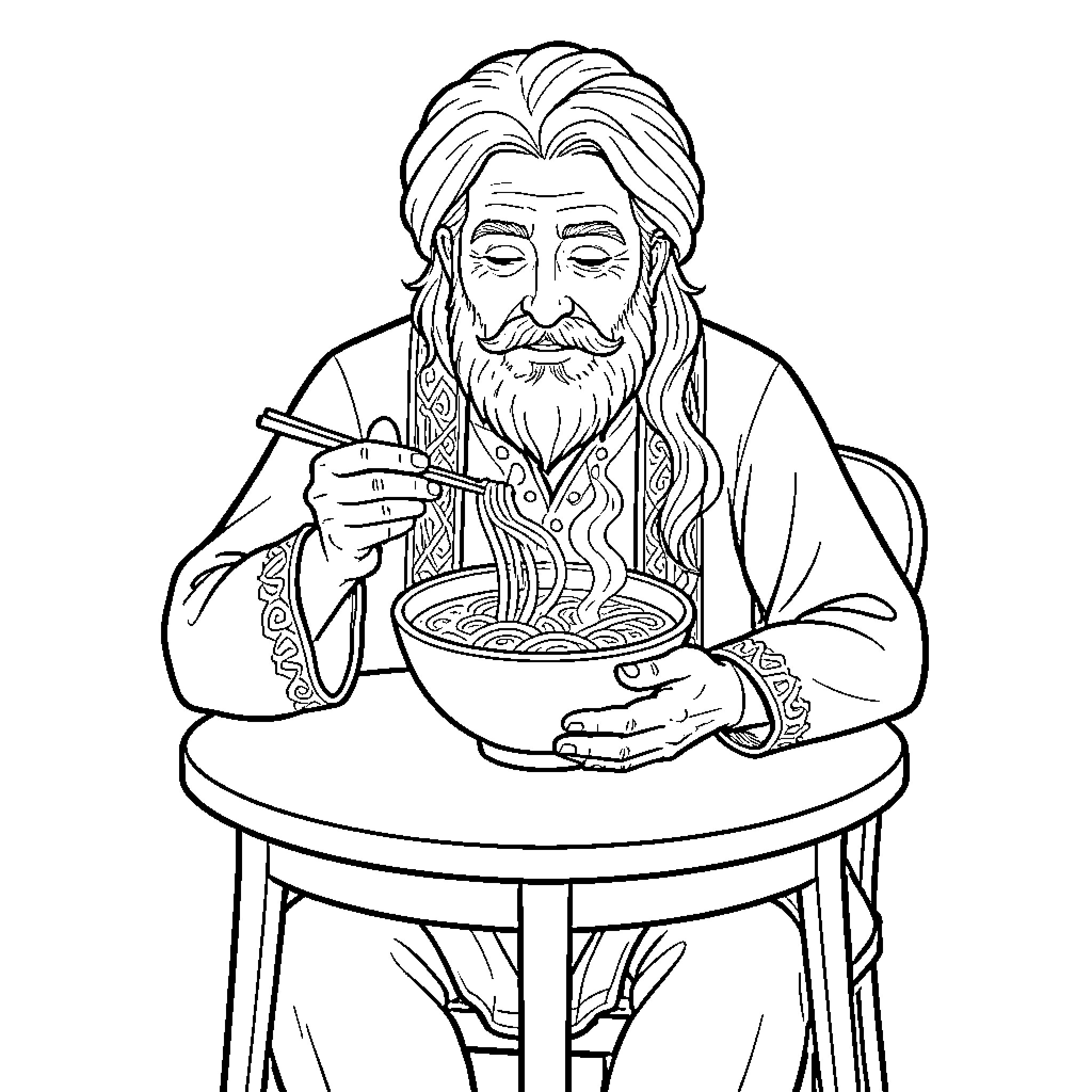 Rumi eating a bowl of noodles with chopsticks Coloring Page (free black-and-white line drawing printable PDF for all, from beginners to advanced learners, including children, teens, adults, and seniors)