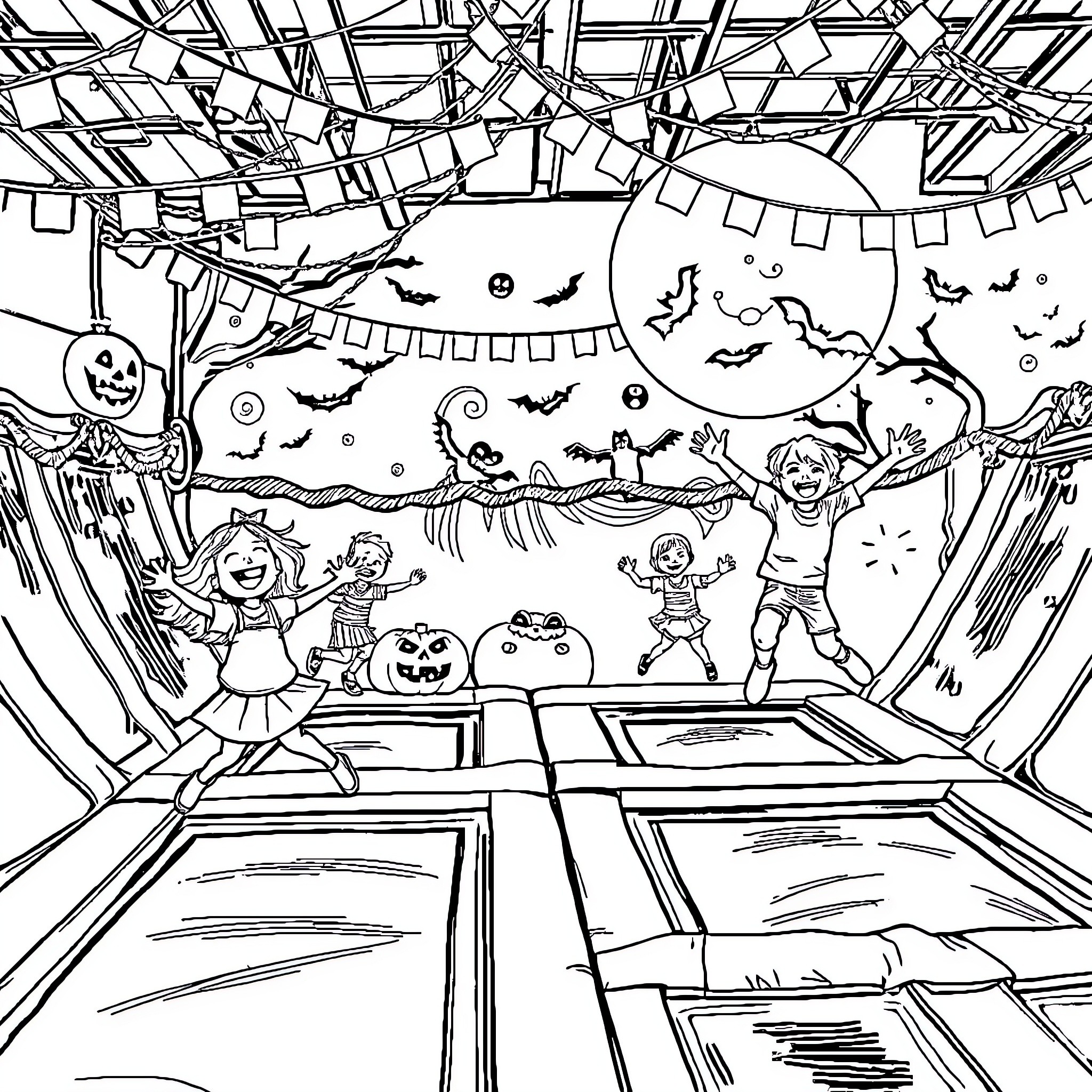 Halloween celebration with decorations and joyful children Coloring Page (free black-and-white line drawing printable PDF for all, from beginners to advanced learners, including children, teens, adults, and seniors)