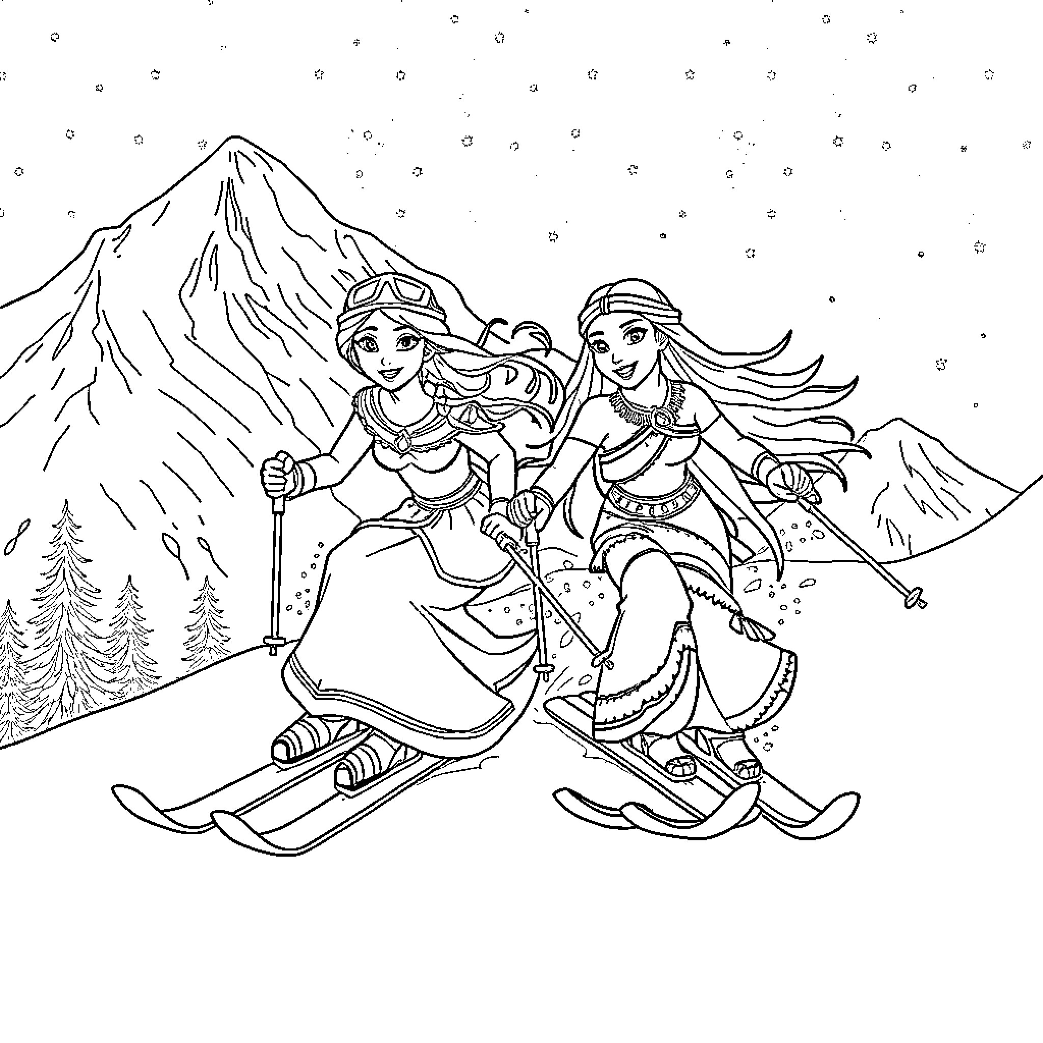 Princess Skiing with Mountain Scenery Coloring Page (free black-and-white line drawing printable PDF for all, from beginners to advanced learners, including children, teens, adults, and seniors)