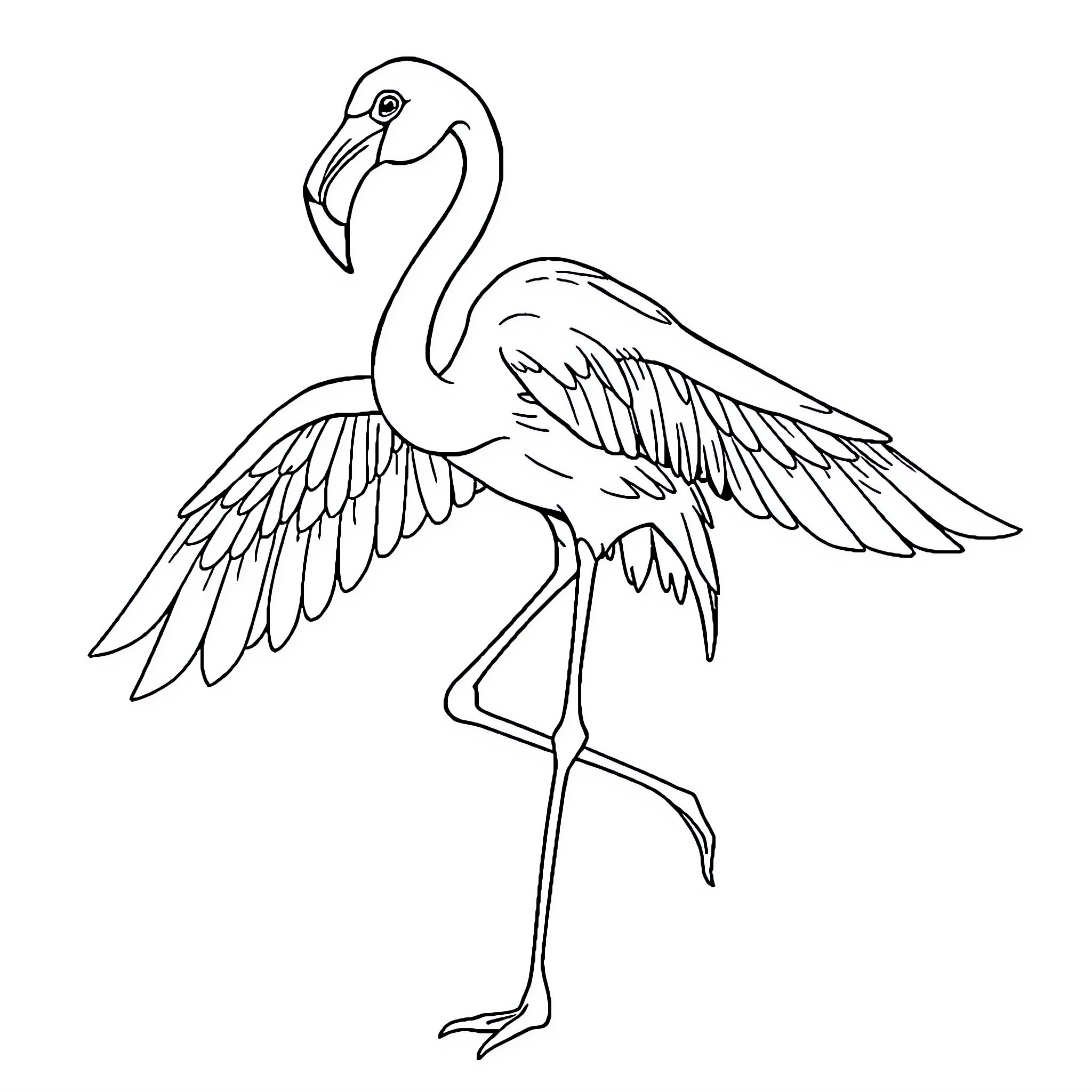 Flamingo with graceful wings in elegant pose Coloring Page (free black-and-white line drawing printable PDF for all, from beginners to advanced learners, including children, teens, adults, and seniors)