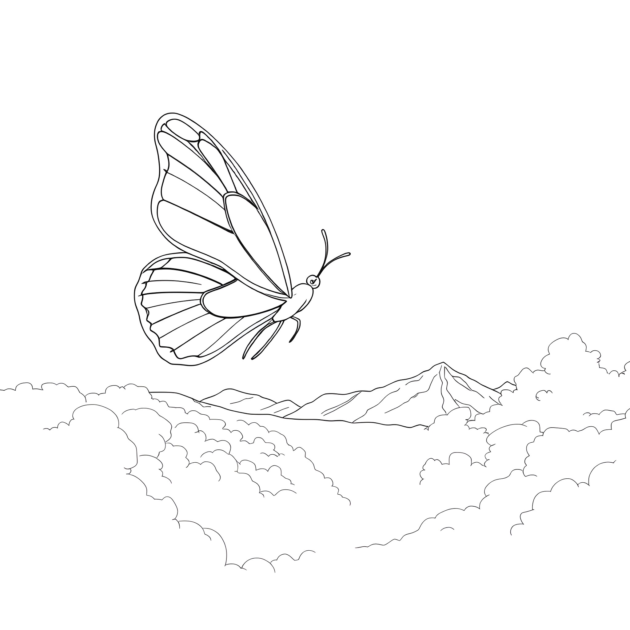 Butterfly soaring through the clouds Coloring Page (free black-and-white line drawing printable PDF for all, from beginners to advanced learners, including children, teens, adults, and seniors)