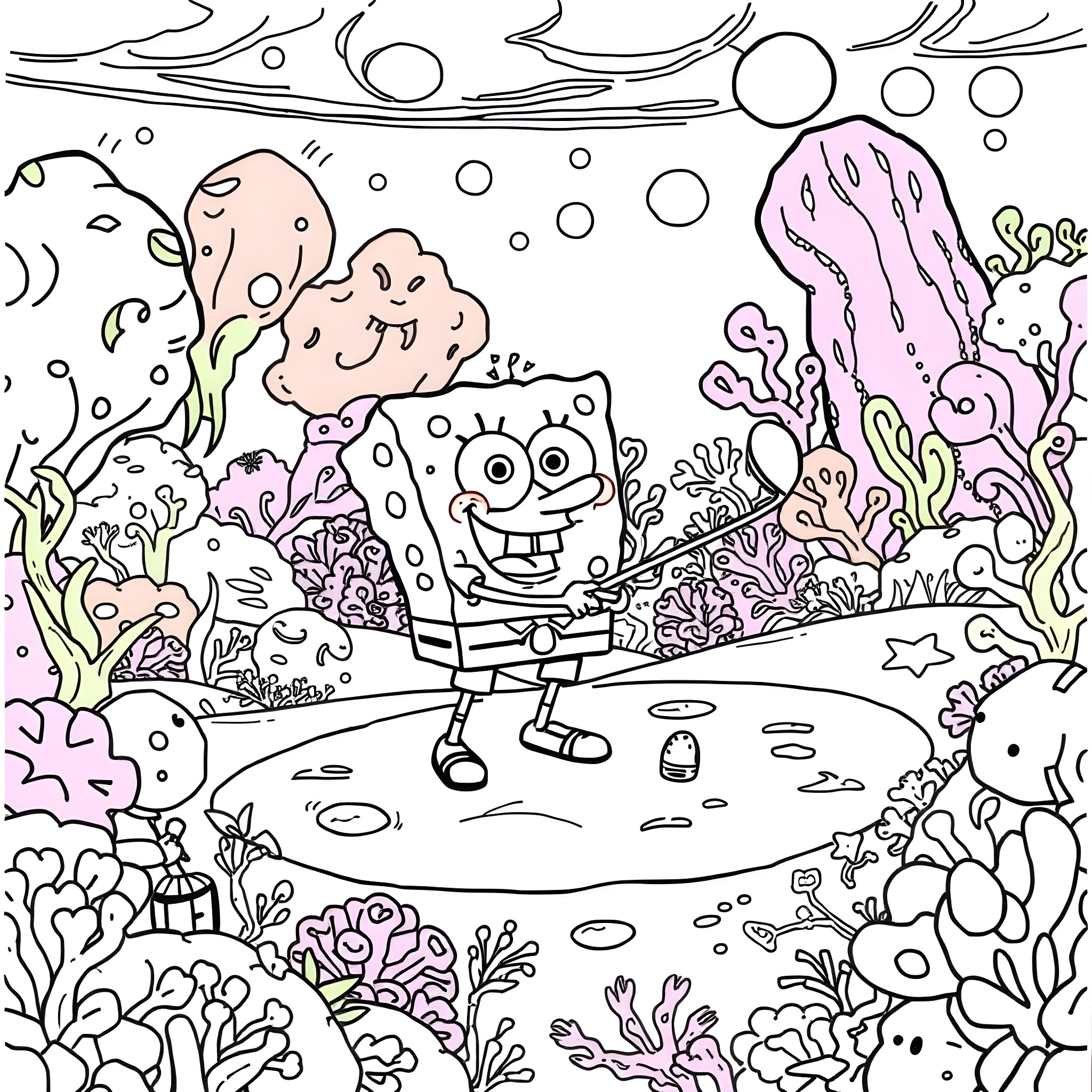 Spongebob playing joyfully in an underwater world Coloring Page (free black-and-white line drawing printable PDF for all, from beginners to advanced learners, including children, teens, adults, and seniors)