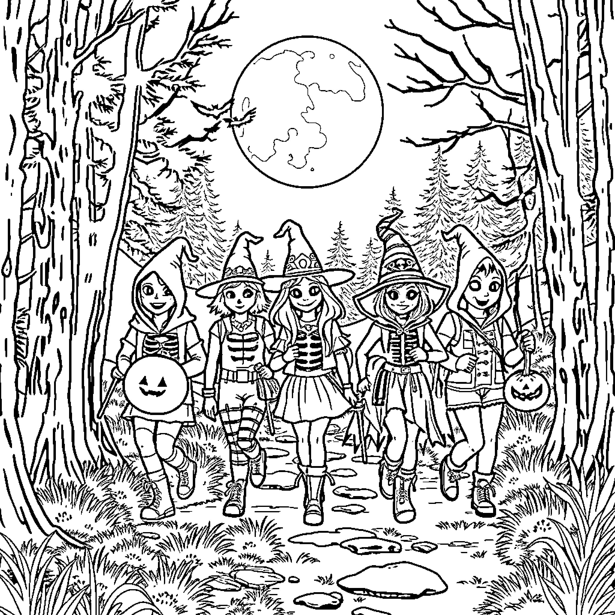 Hiking through a spooky forest on Halloween Coloring Page (free black-and-white line drawing printable PDF for all, from beginners to advanced learners, including children, teens, adults, and seniors)