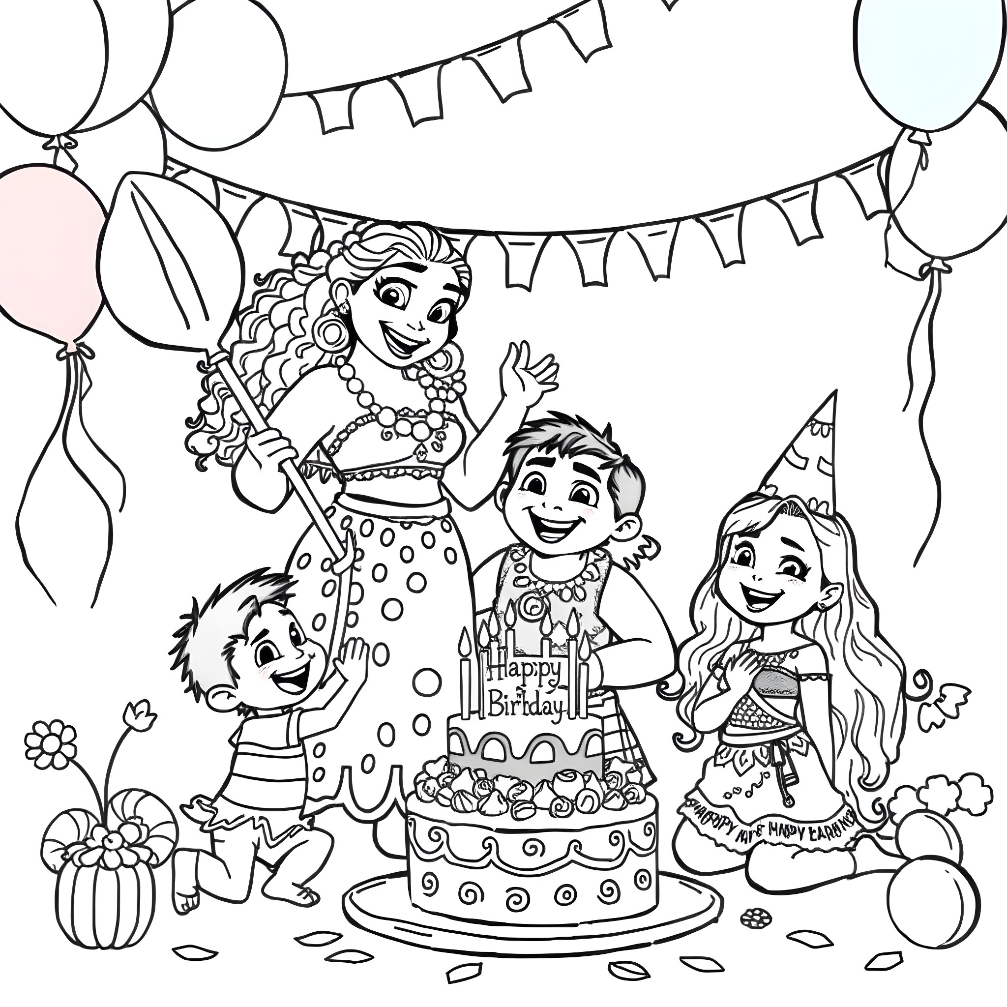 Moana's Happy Birthday Celebration with Friends Coloring Page (free black-and-white line drawing printable PDF for all, from beginners to advanced learners, including children, teens, adults, and seniors)