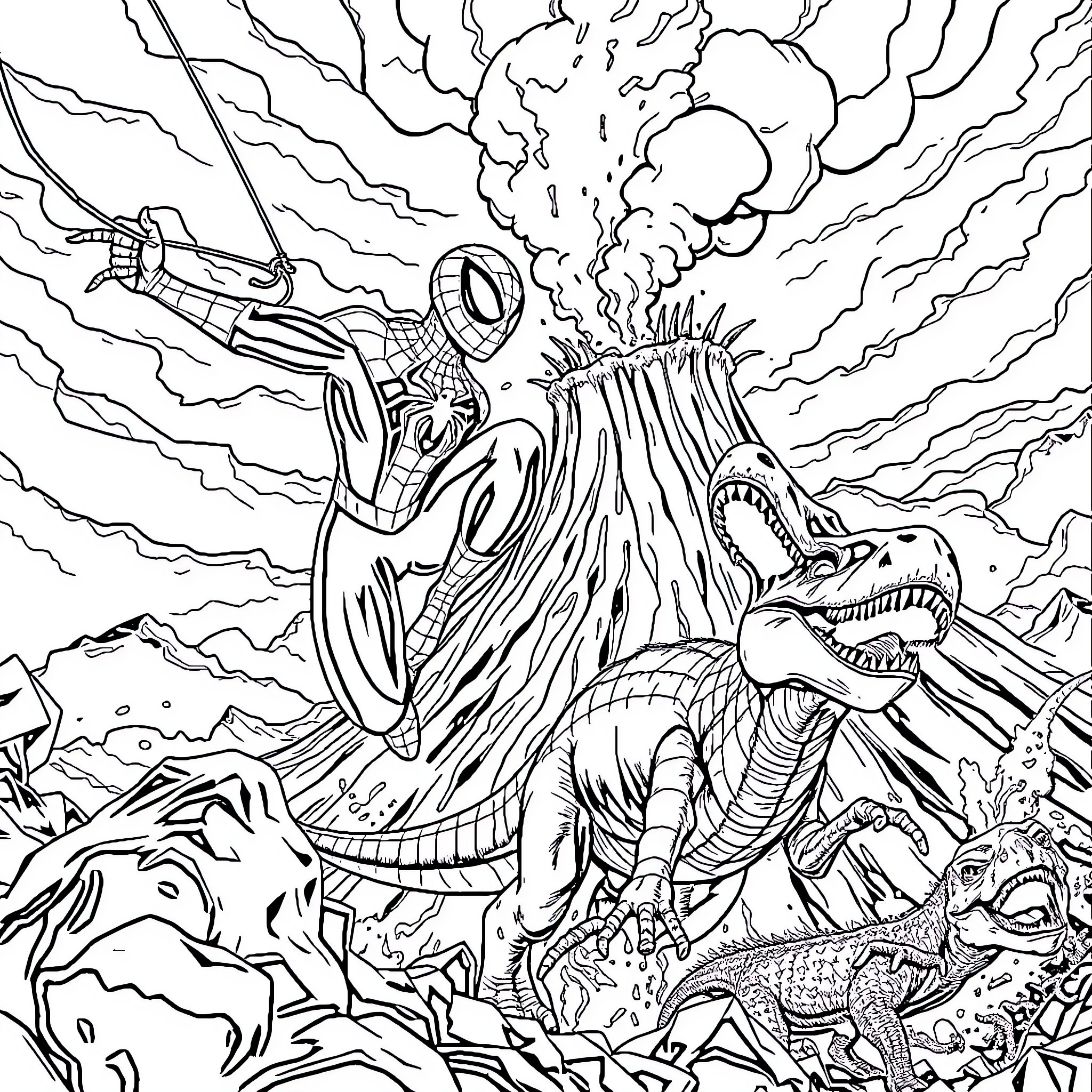 Spiderman battles fearsome dinosaurs in a dramatic scene Coloring Page (free black-and-white line drawing printable PDF for all, from beginners to advanced learners, including children, teens, adults, and seniors)