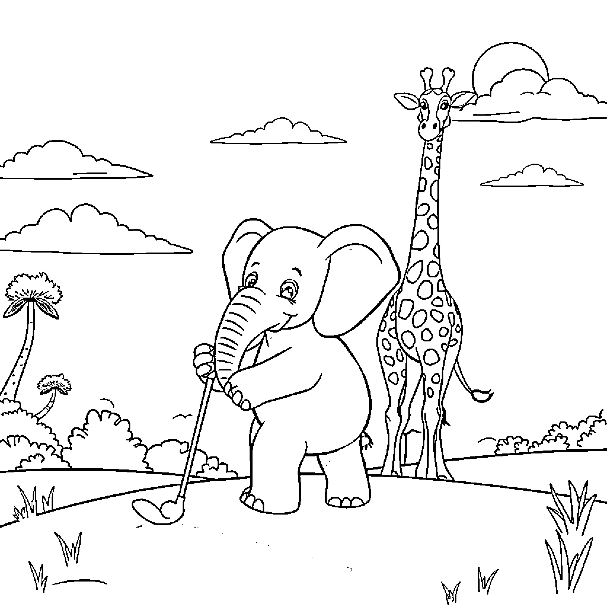 Elephant and Giraffe playing together in nature Coloring Page (free black-and-white line drawing printable PDF for all, from beginners to advanced learners, including children, teens, adults, and seniors)