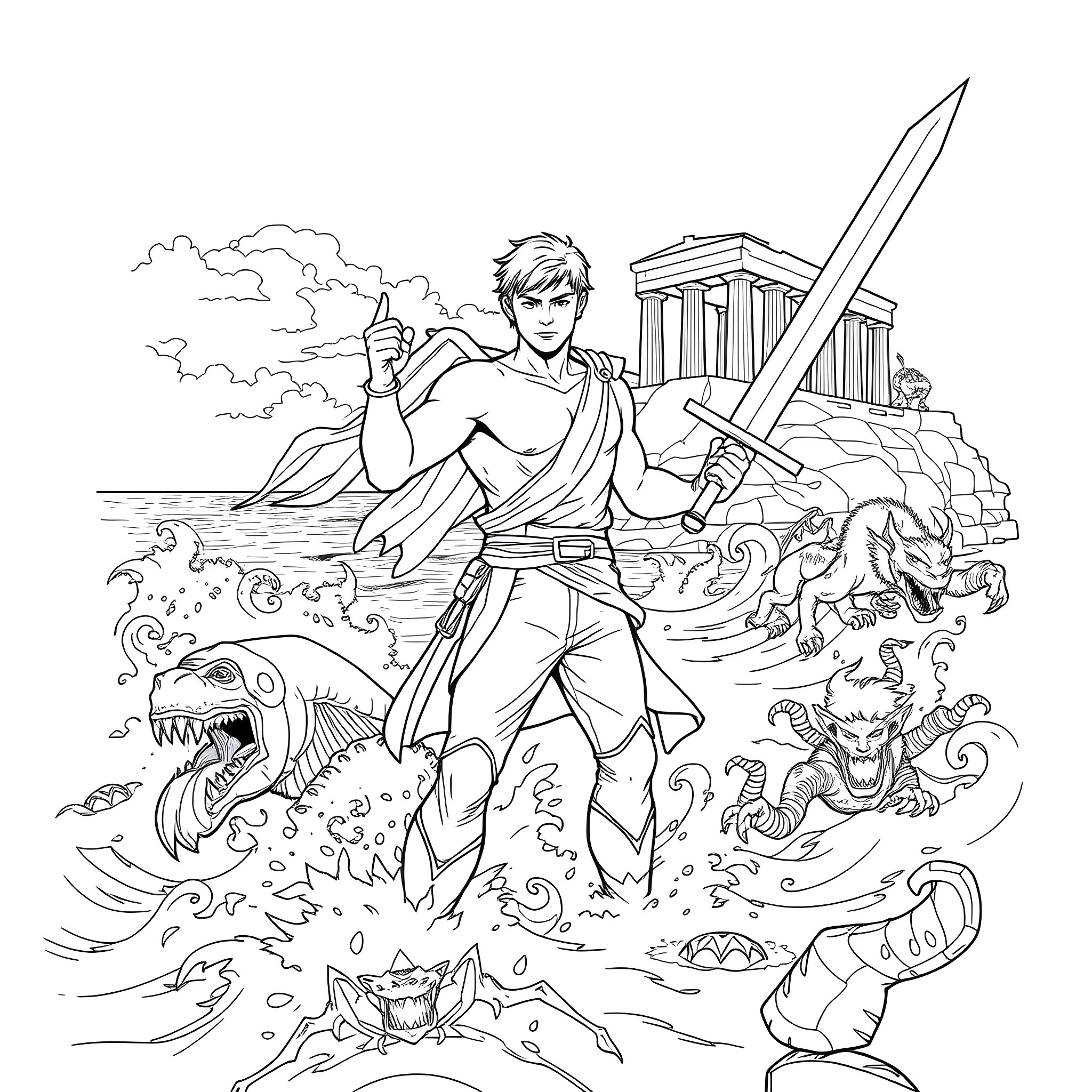 Percy Jackson battles mythical creatures on the shore Coloring Page (free black-and-white line drawing printable PDF for all, from beginners to advanced learners, including children, teens, adults, and seniors)