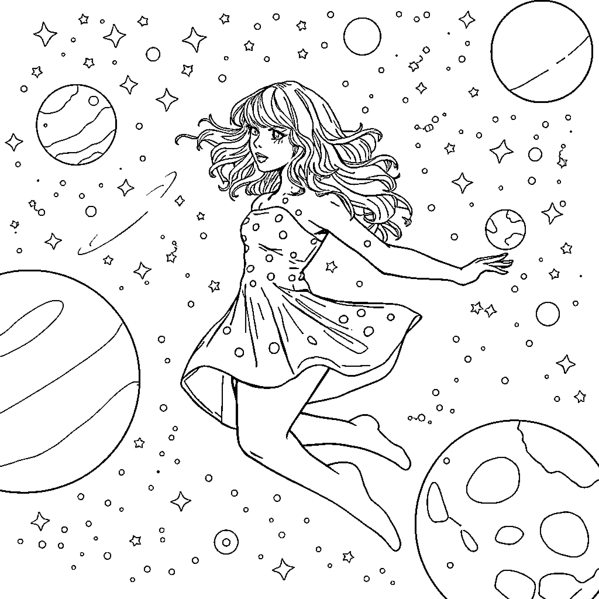 Taylor Swift floating in a starry cosmic scene Coloring Page (free black-and-white line drawing printable PDF for all, from beginners to advanced learners, including children, teens, adults, and seniors)