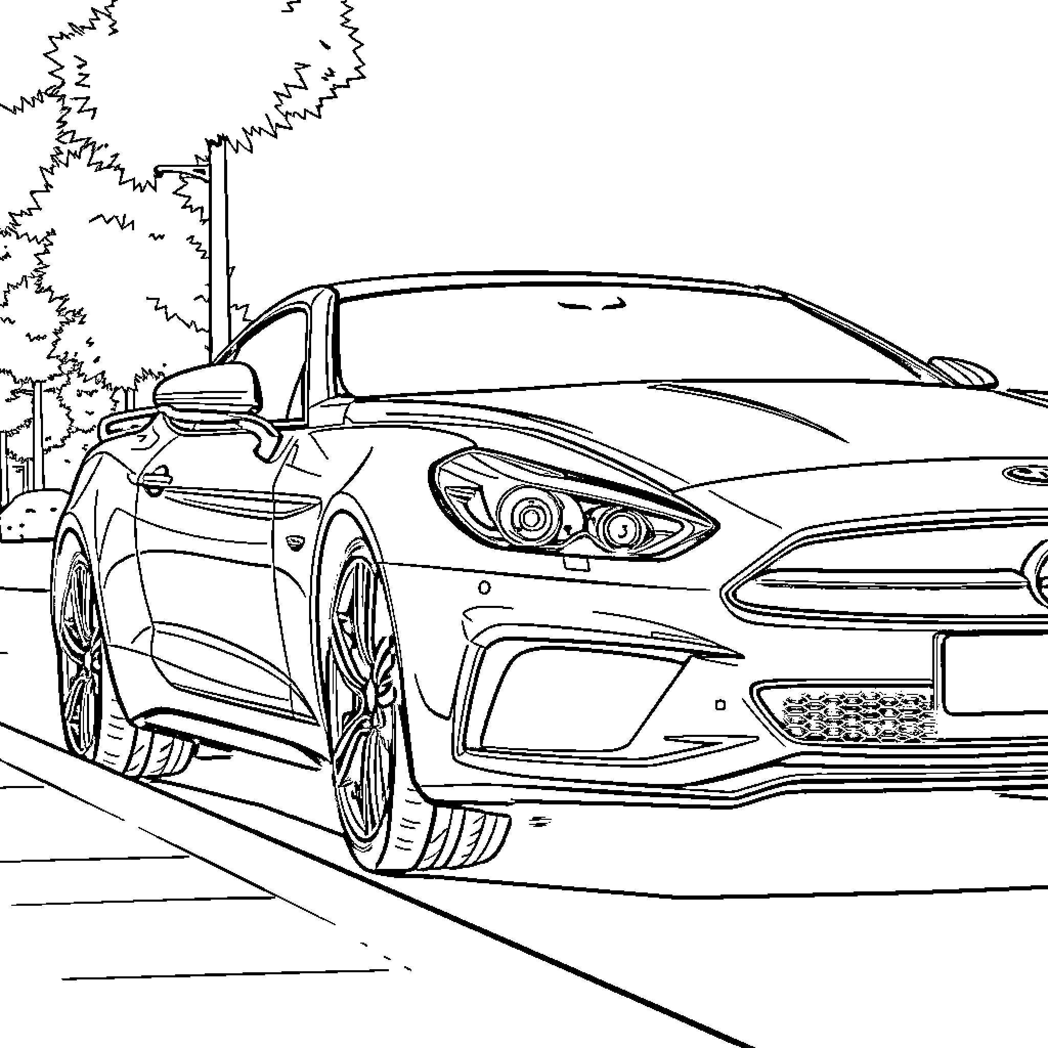 Car on the road with nature in the background Coloring Page (free black-and-white line drawing printable PDF for all, from beginners to advanced learners, including children, teens, adults, and seniors)