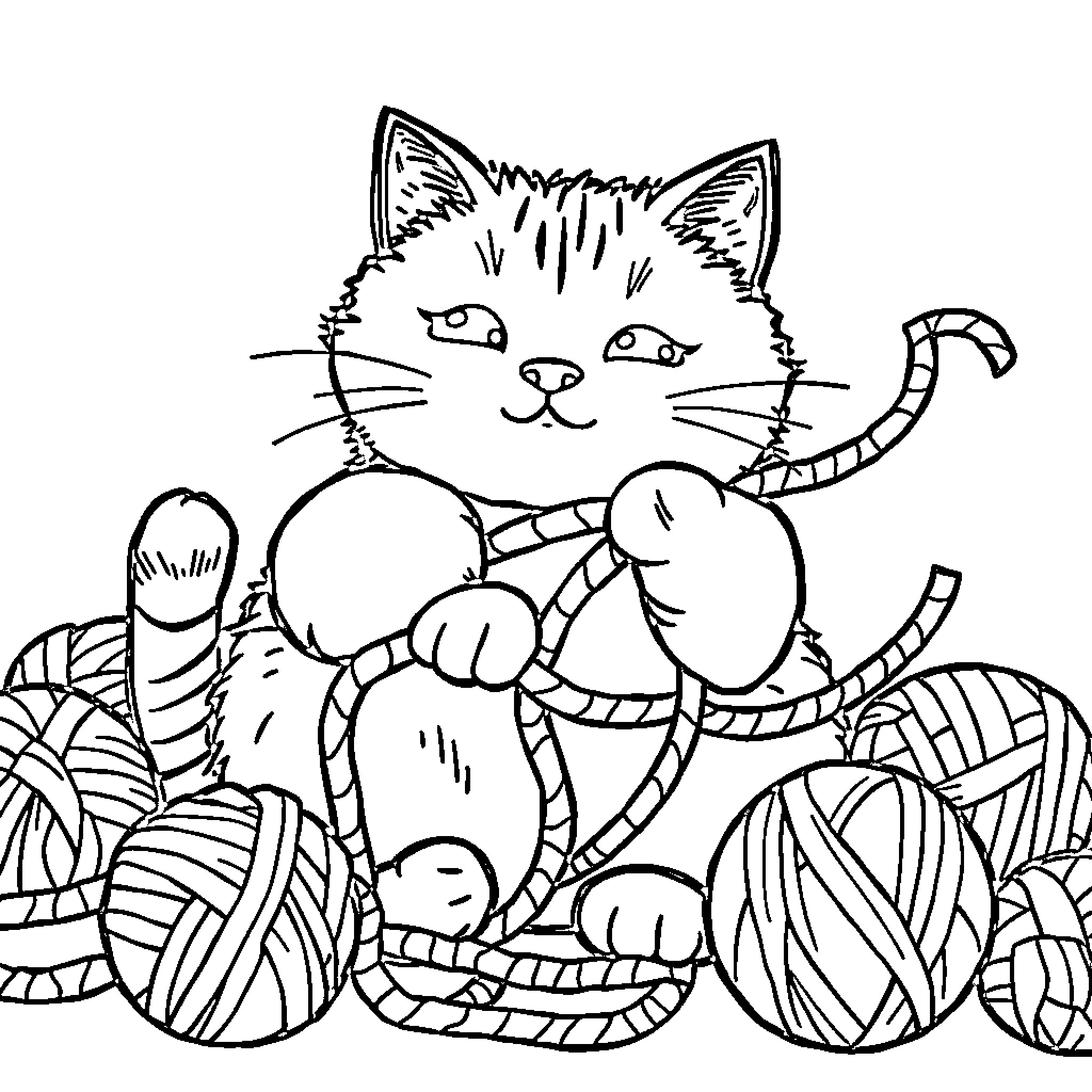 Pusheen among yarn balls and strings Coloring Page (free black-and-white line drawing printable PDF for all, from beginners to advanced learners, including children, teens, adults, and seniors)