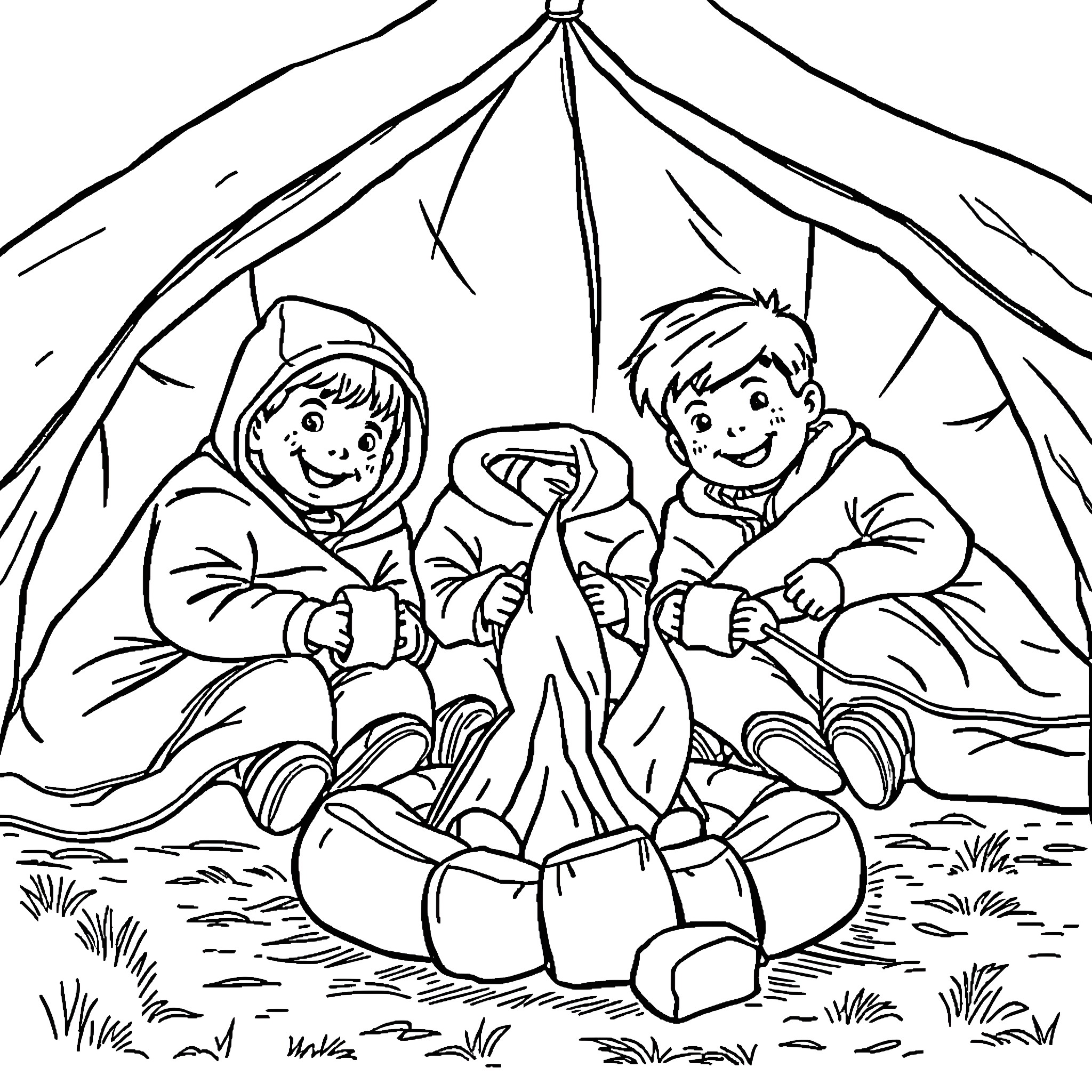 Boy Camping with Friend in the Outdoors Coloring Page (free black-and-white line drawing printable PDF for all, from beginners to advanced learners, including children, teens, adults, and seniors)