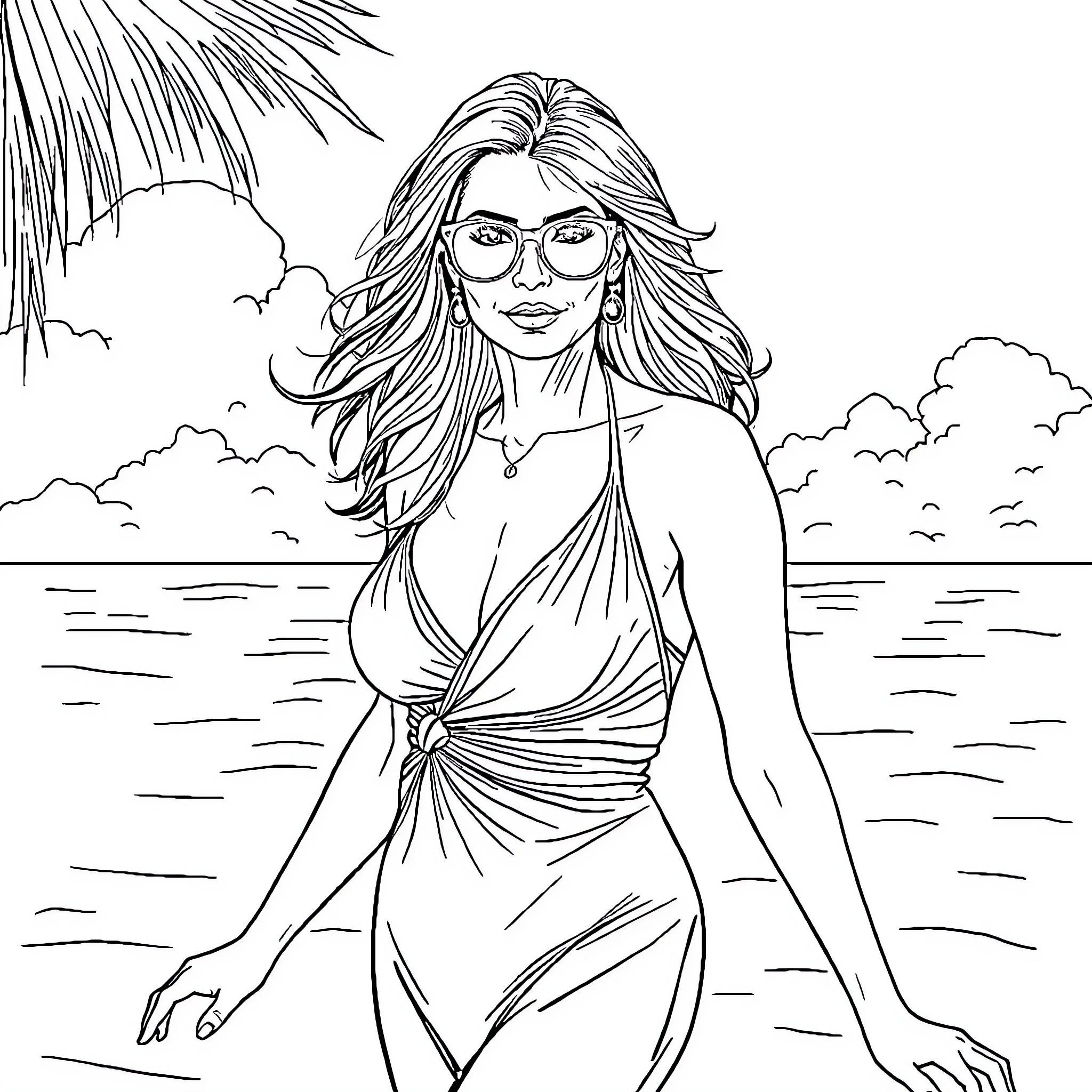 Melania Trump relaxing on the beach in a beachwear outfit Coloring Page (free black-and-white line drawing printable PDF for all, from beginners to advanced learners, including children, teens, adults, and seniors)